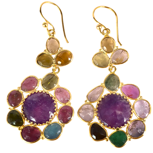 925 Silver Gold Plated Multi Tourmaline and Ruby Gemstone Women's Earrings Gift For Her