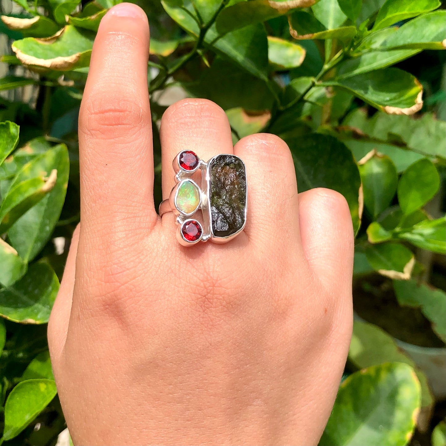 925 Sterling Silver Genuine Moldavite Ring 925 Sterling Silver Opal and Red Garnet Gemstone Ring
