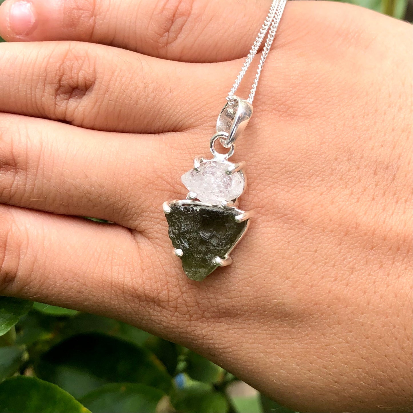Sterling Silver Authentic Moldavite and Herkimer Diamond Gemstone Pendant Jewelry