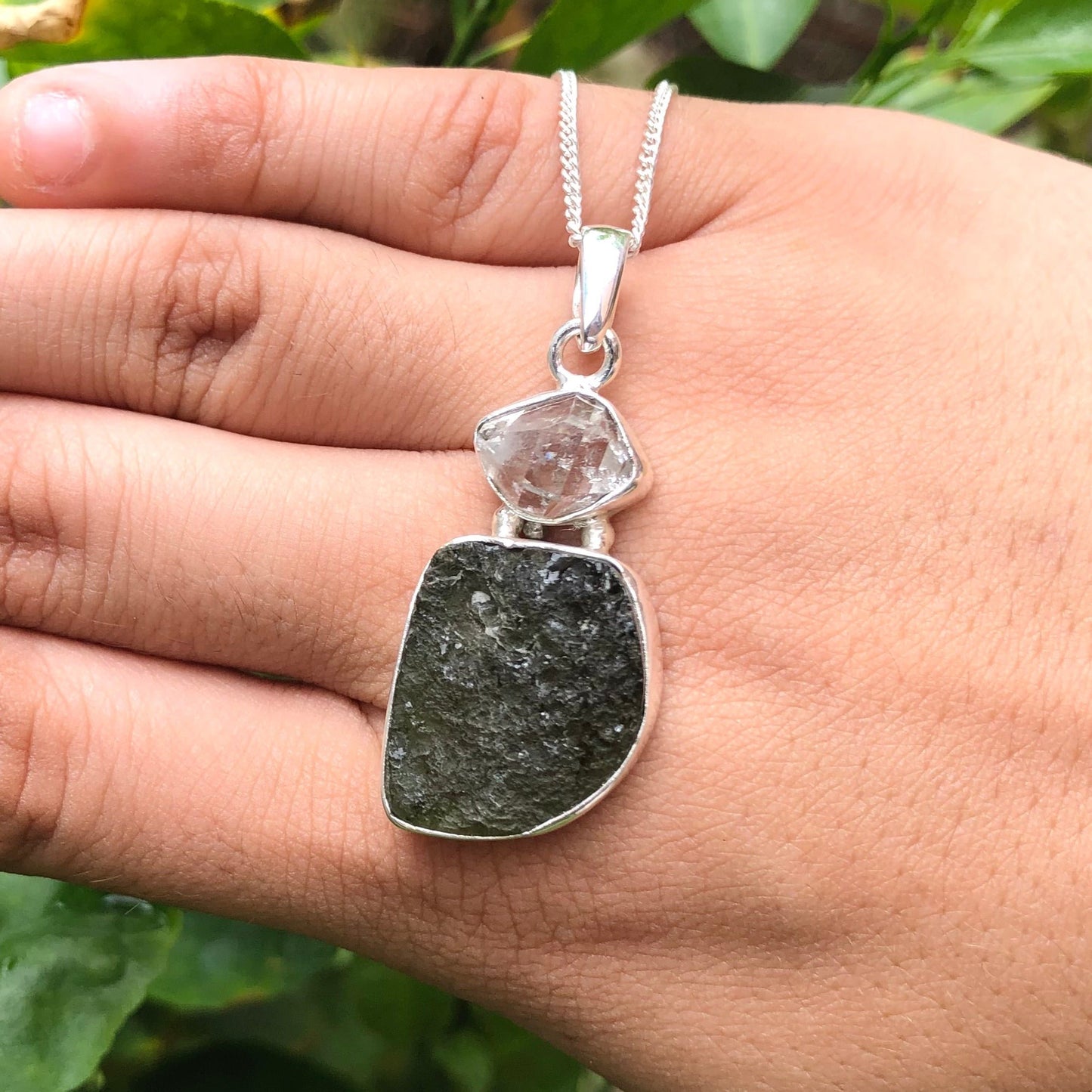 925 Sterling Silver Czech Republic Moldavite and Herkimer Diamond Gemstone Pendant For Her