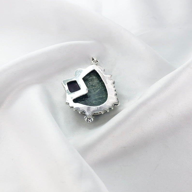 Unique Seraphinite Gemstone 925 Sterling Silver Statement Pendant Jewelry