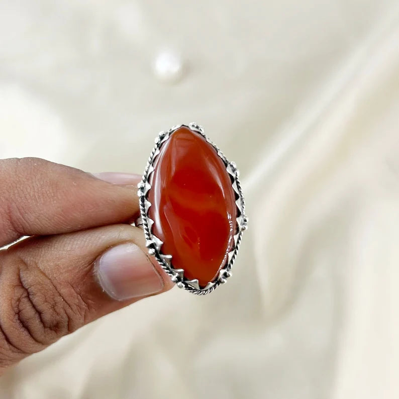 Natural Carnelian Gemstone 925 Sterling Silver Statement Ring Gift For Her