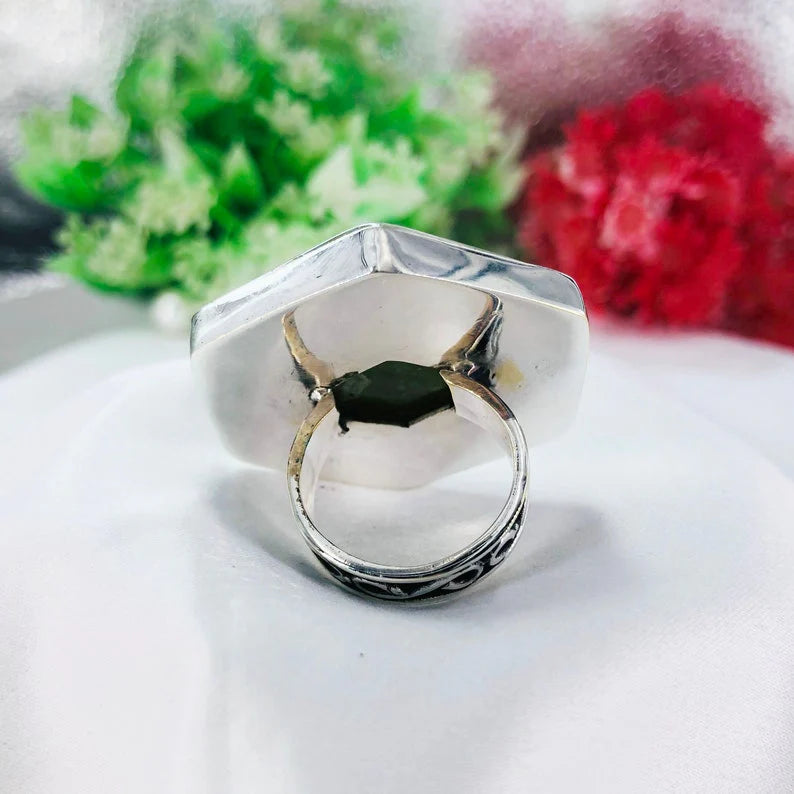 925 Sterling Silver Hexagon Vesuvianite Gemstone Boho Statement Ring Gift For Her