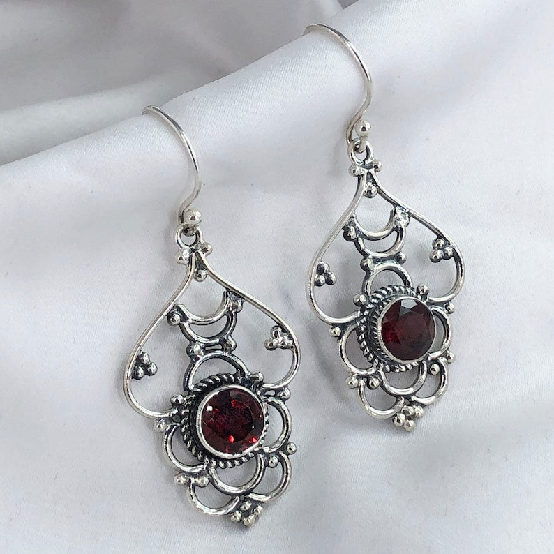 Natural Red Garnet Gemstone 925 Sterling Silver Designer Earrings
