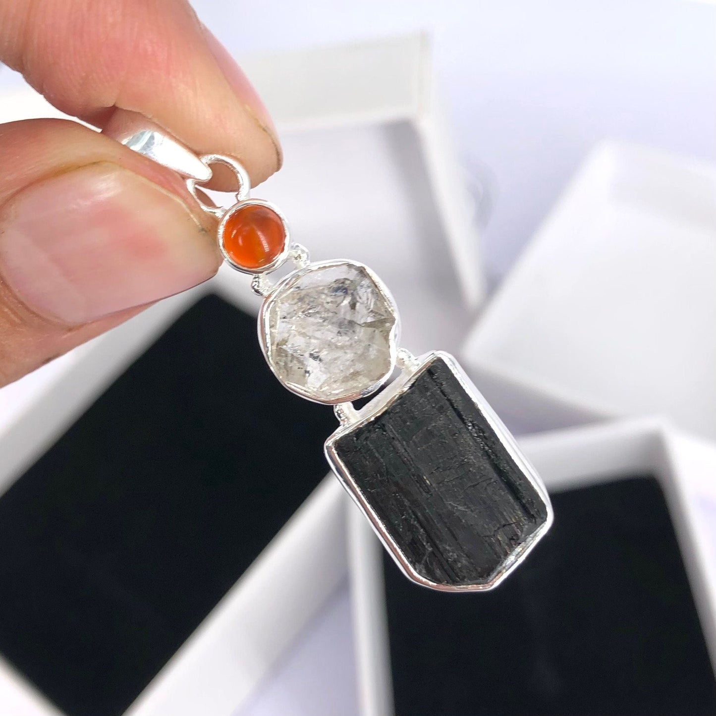 925 Sterling Silver Black Tourmaline, Herkimer Diamond and Carnelian Gemstone Pendant
