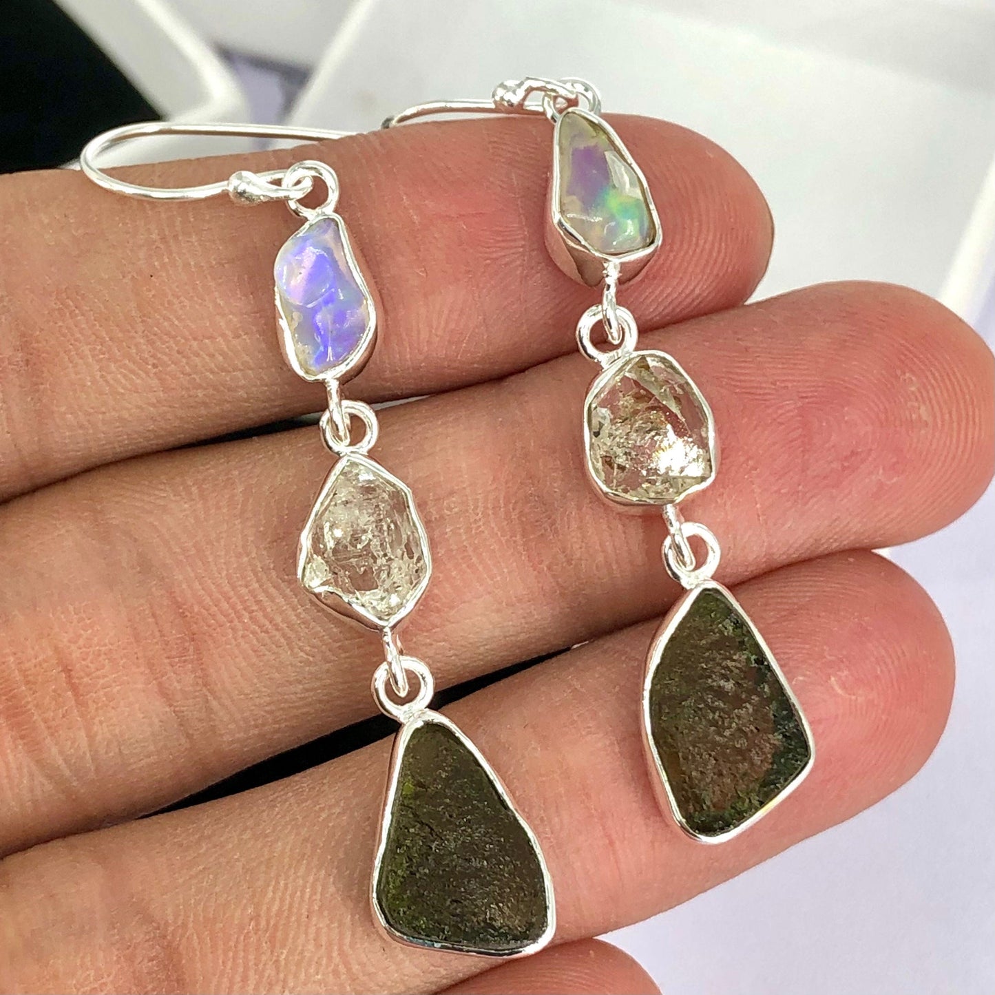 925 Sterling Silver Czech Moldavite Earrings Jewelry Rough Herkimer Diamond And Opal Women's Earrings