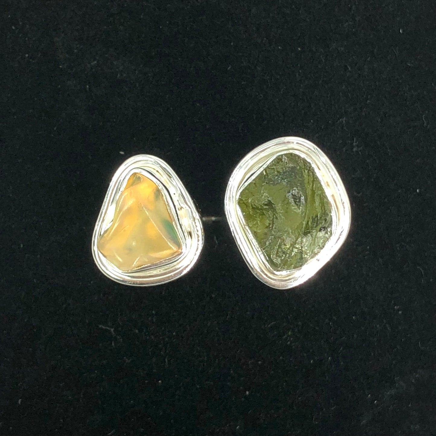 Czech Republic Raw Rough Moldavite Ring 925 Sterling Silver Moldavite and Opal Gemstone Ring Gift For Her