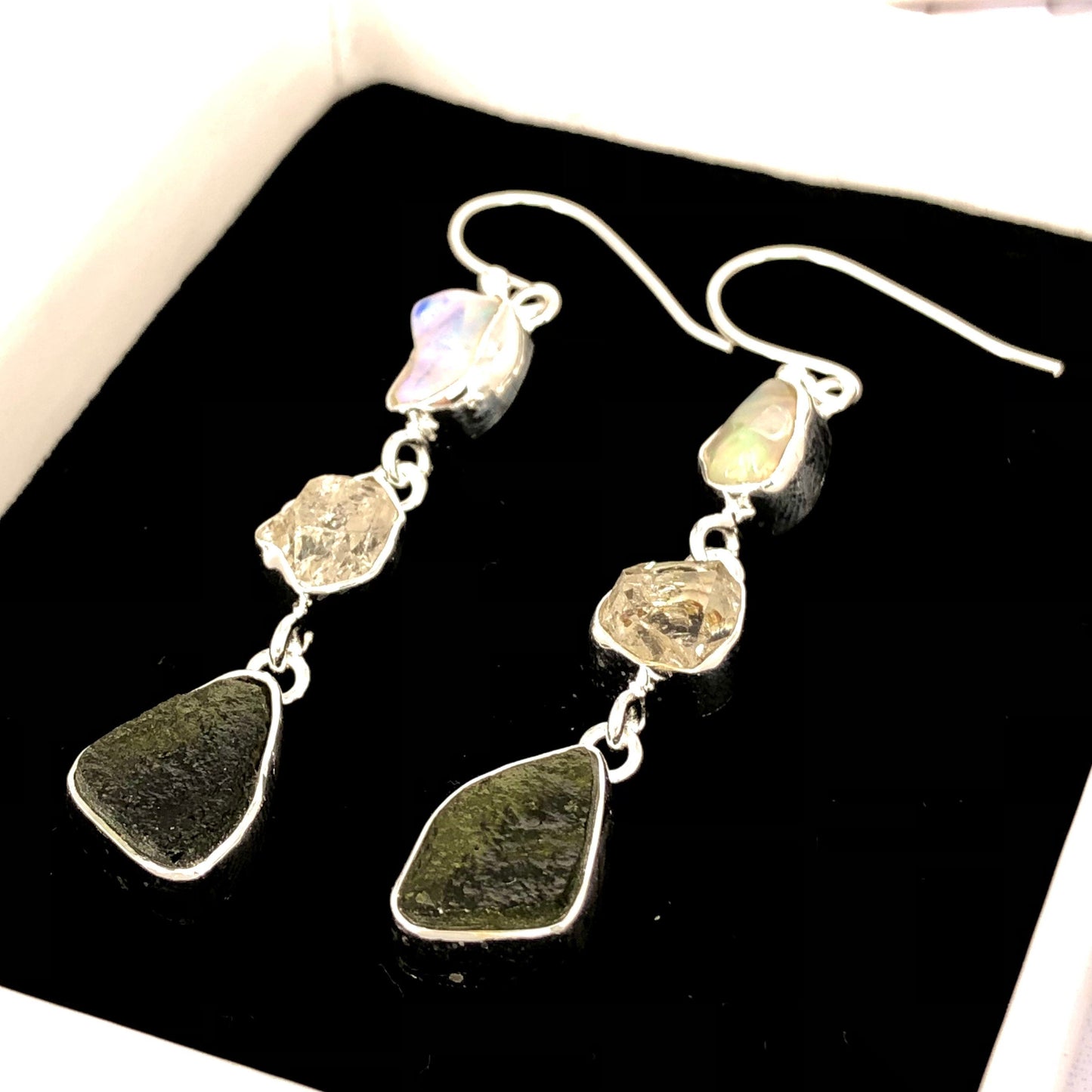 925 Sterling Silver Czech Moldavite Earrings Jewelry Rough Herkimer Diamond And Opal Women's Earrings