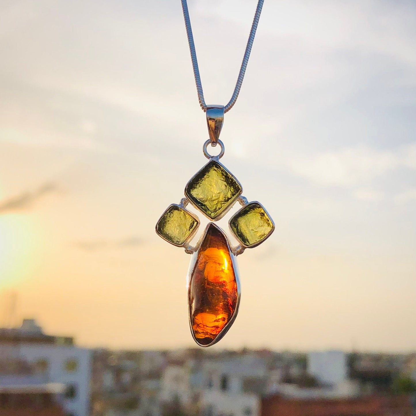 925 Sterling Silver Authentic Moldavite and Amber Gemstone Pendant