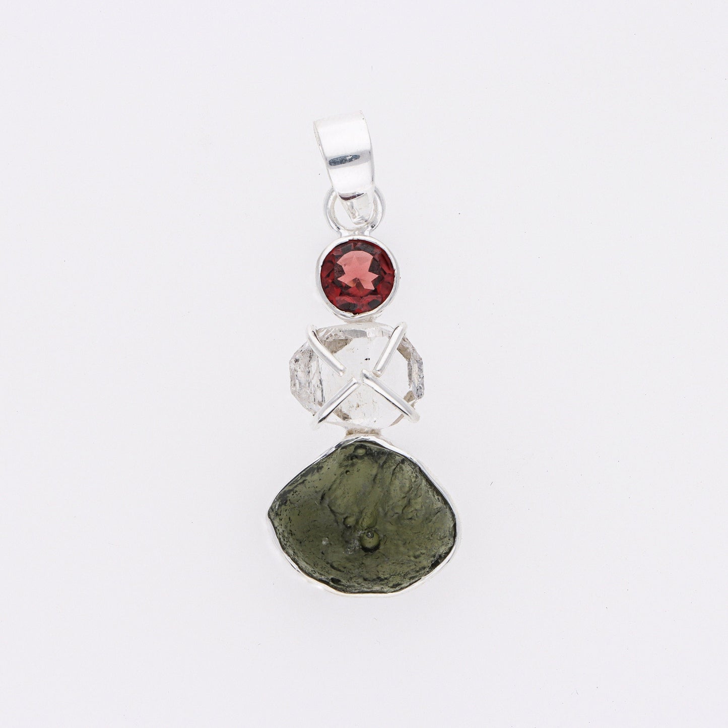 925 Sterling Silver Authentic Moldavite, Red Garnet and Herkimer Diamond Gemstone Women's Pendant Gift For Her