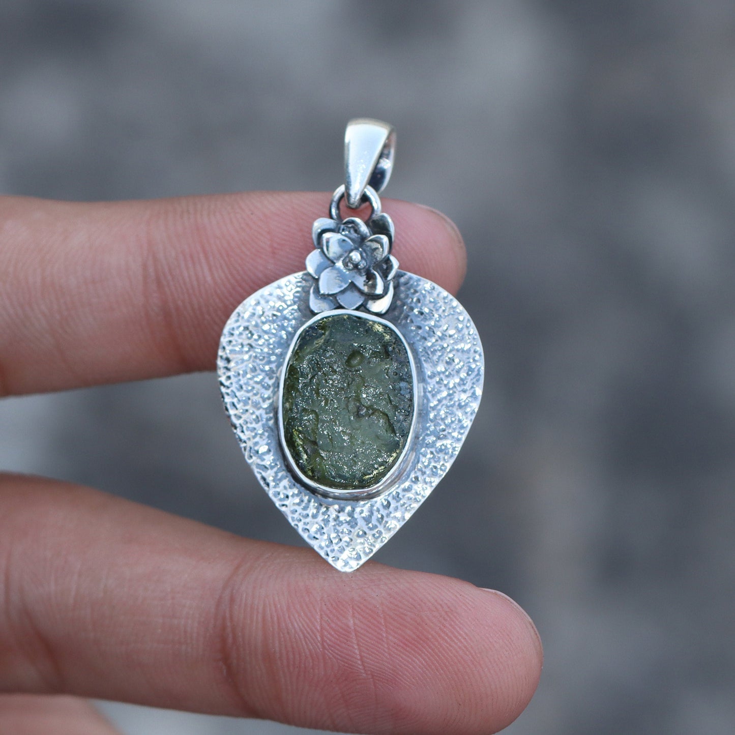 Authentic Czech Republic Raw Moldavite Gemstone 925 Sterling Silver Pendant Gift For Her