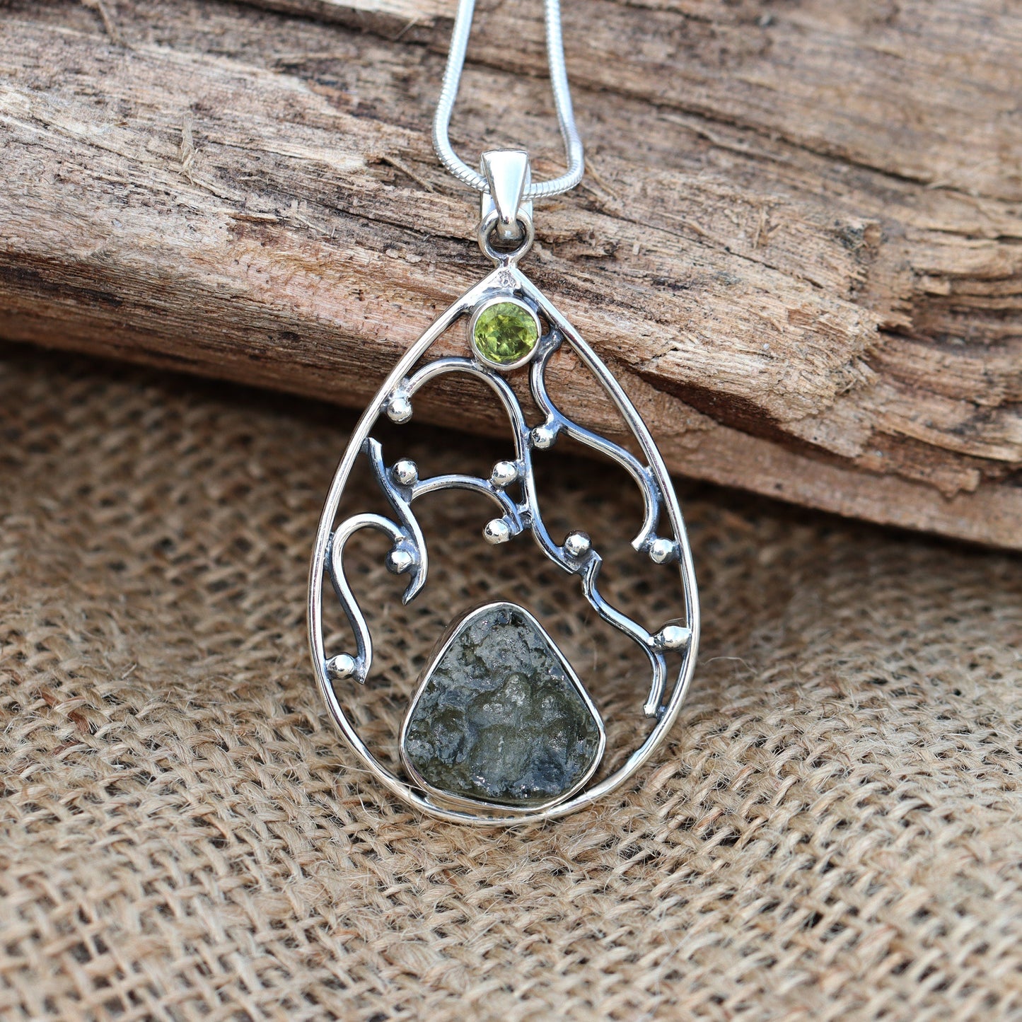 925 Sterling Silver Authentic Moldavite and Peridot Pendant