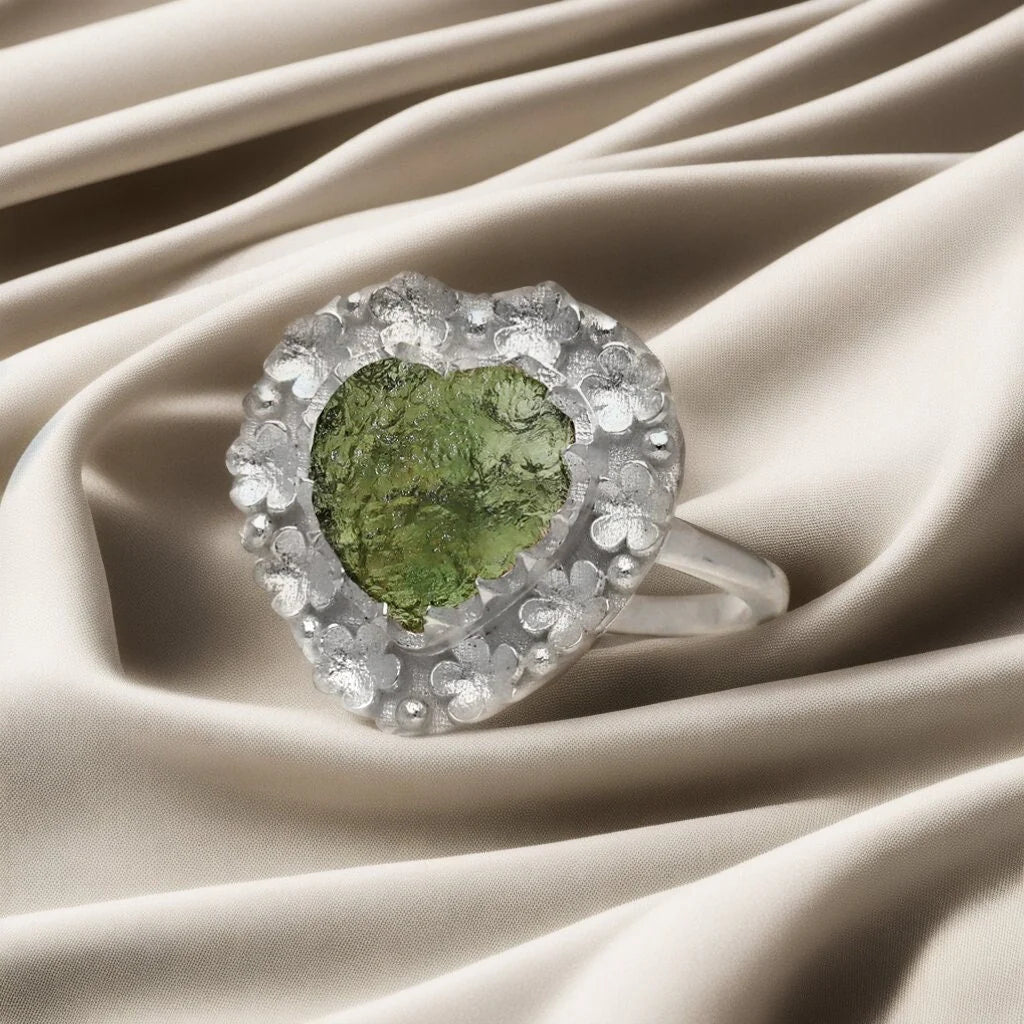 Crescent Moon Czech top Moldavite Ring