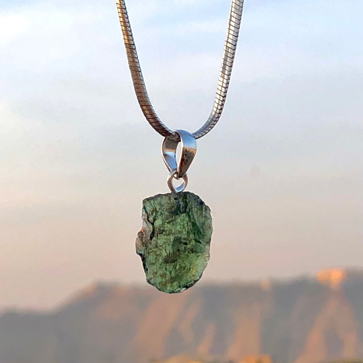 Raw Authentic Moldavite Gemstone 925 Sterling Silver Pendant Jewelry