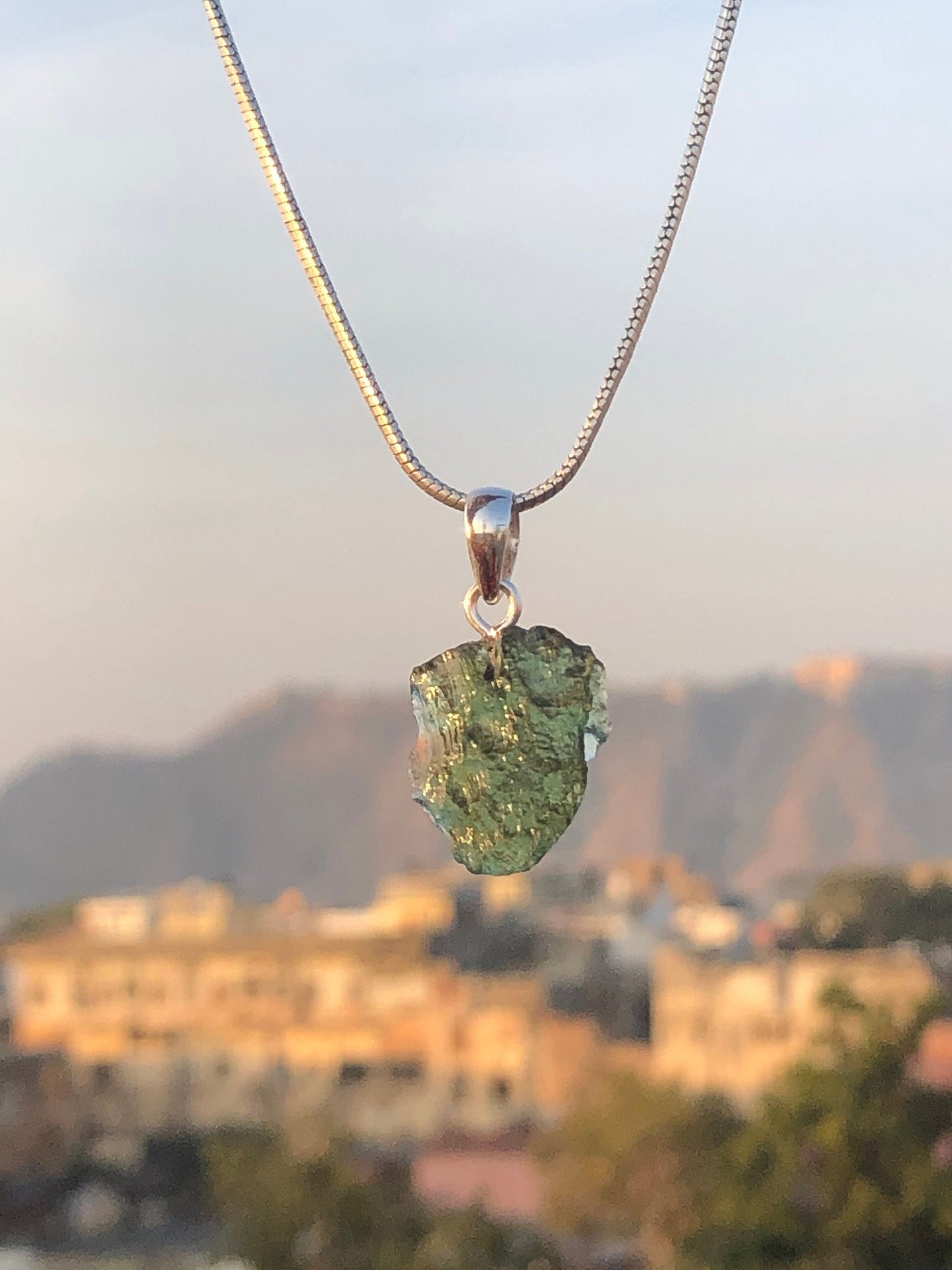 Raw Authentic Moldavite Gemstone 925 Sterling Silver Pendant Jewelry
