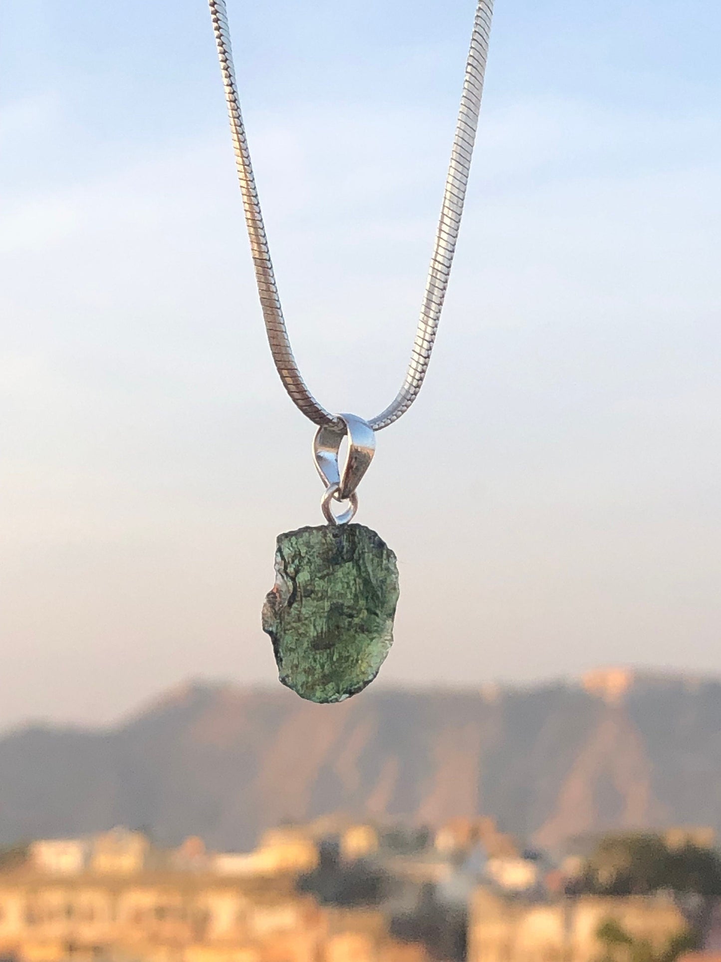 Raw Authentic Moldavite Gemstone 925 Sterling Silver Pendant Jewelry