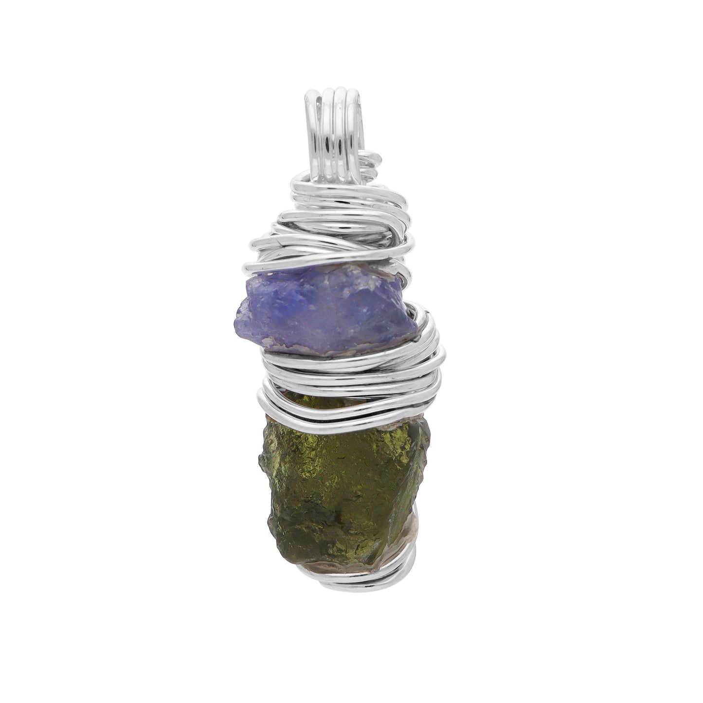 Authentic Raw Moldavite and Tanzanite Gemstone Sterling Silver Pendant Jewelry