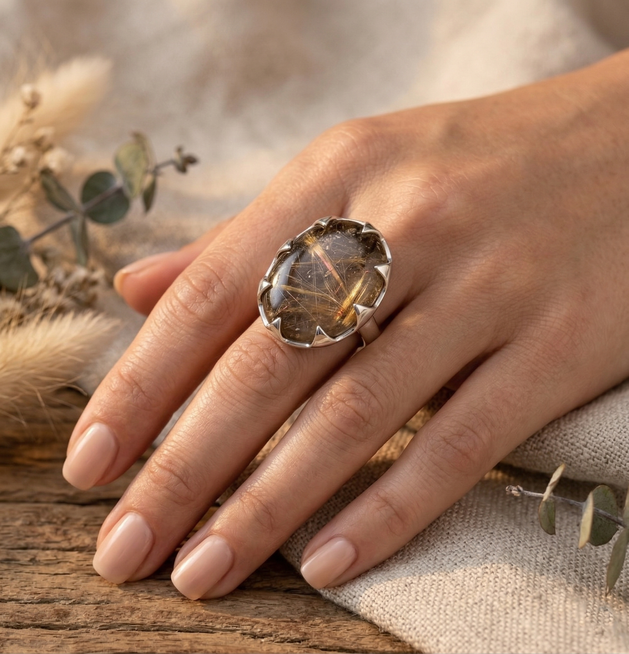 Solar Vein Golden Rutilated Quartz Statement Ring – 925 Sterling Silver