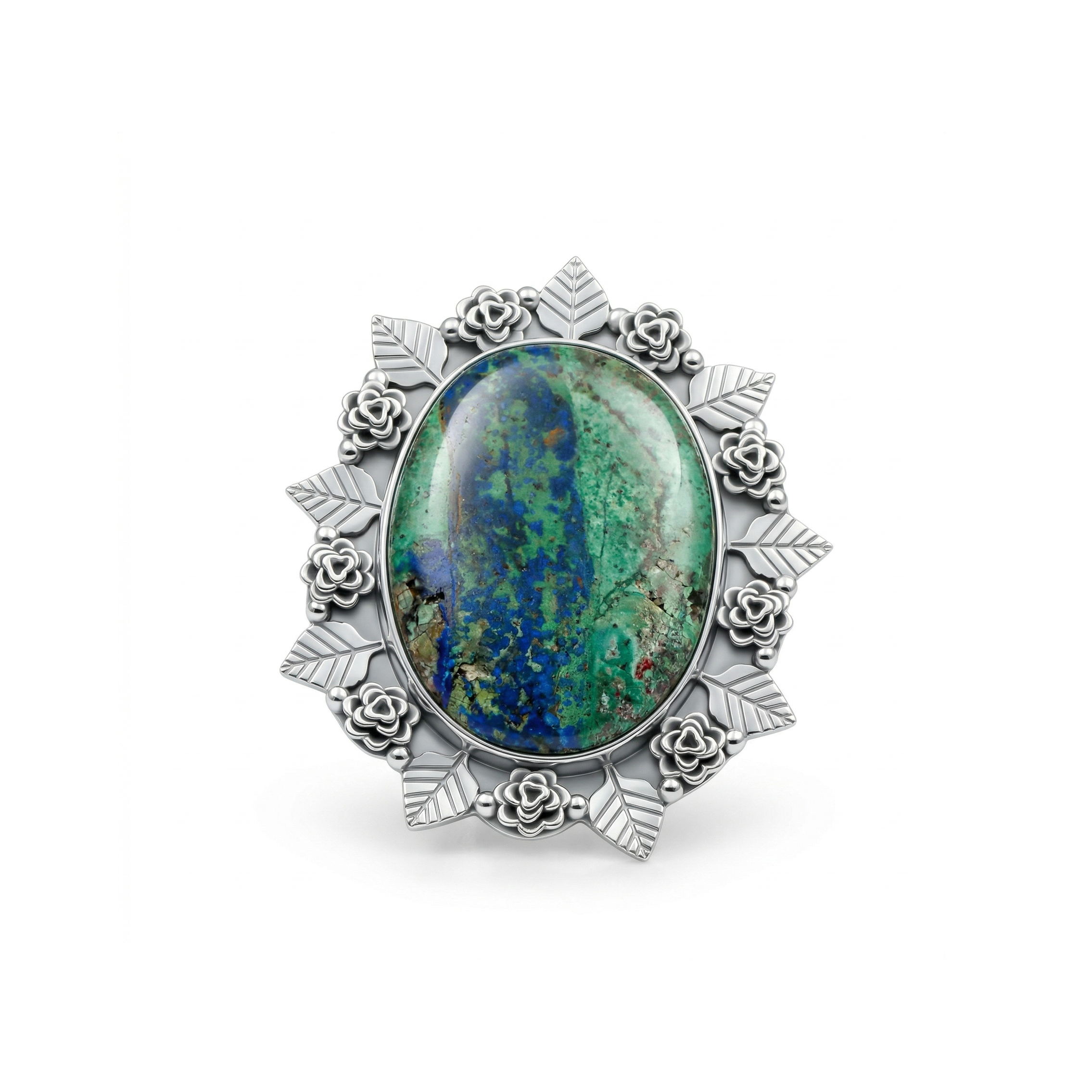 Verdant Bloom Azurite Malachite Statement Ring – 925 Sterling Silver