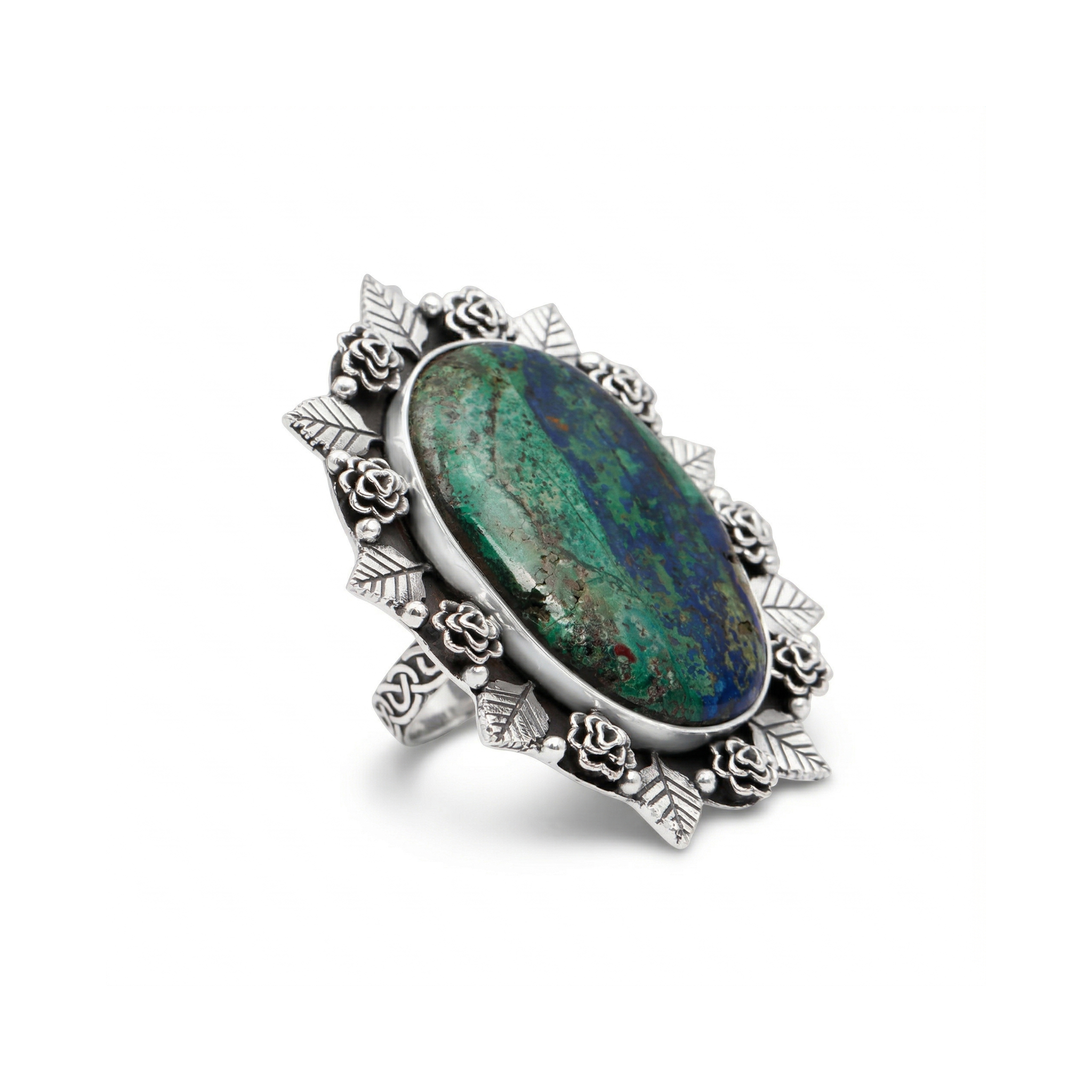 Verdant Bloom Azurite Malachite Statement Ring – 925 Sterling Silver