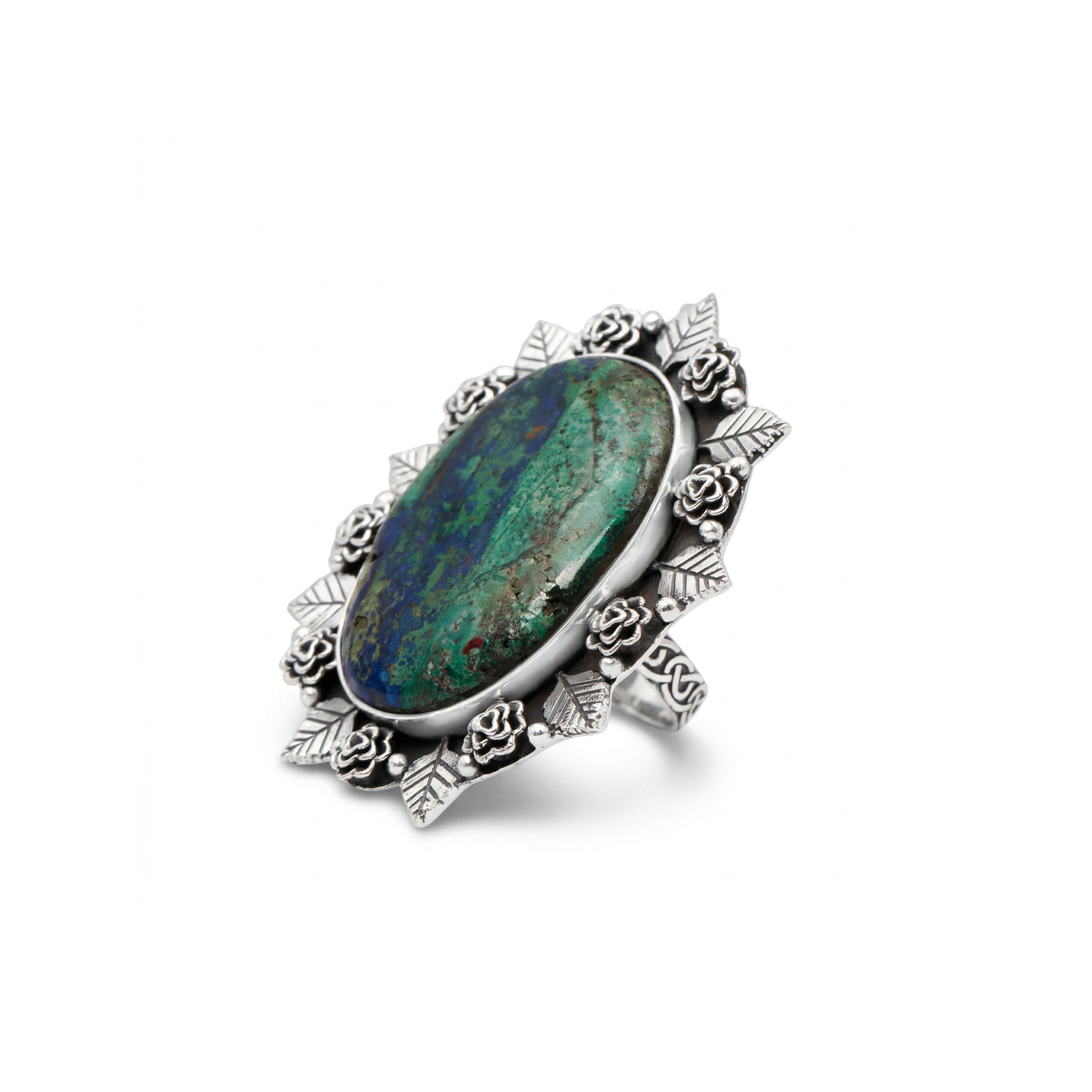 Verdant Bloom Azurite Malachite Statement Ring – 925 Sterling Silver