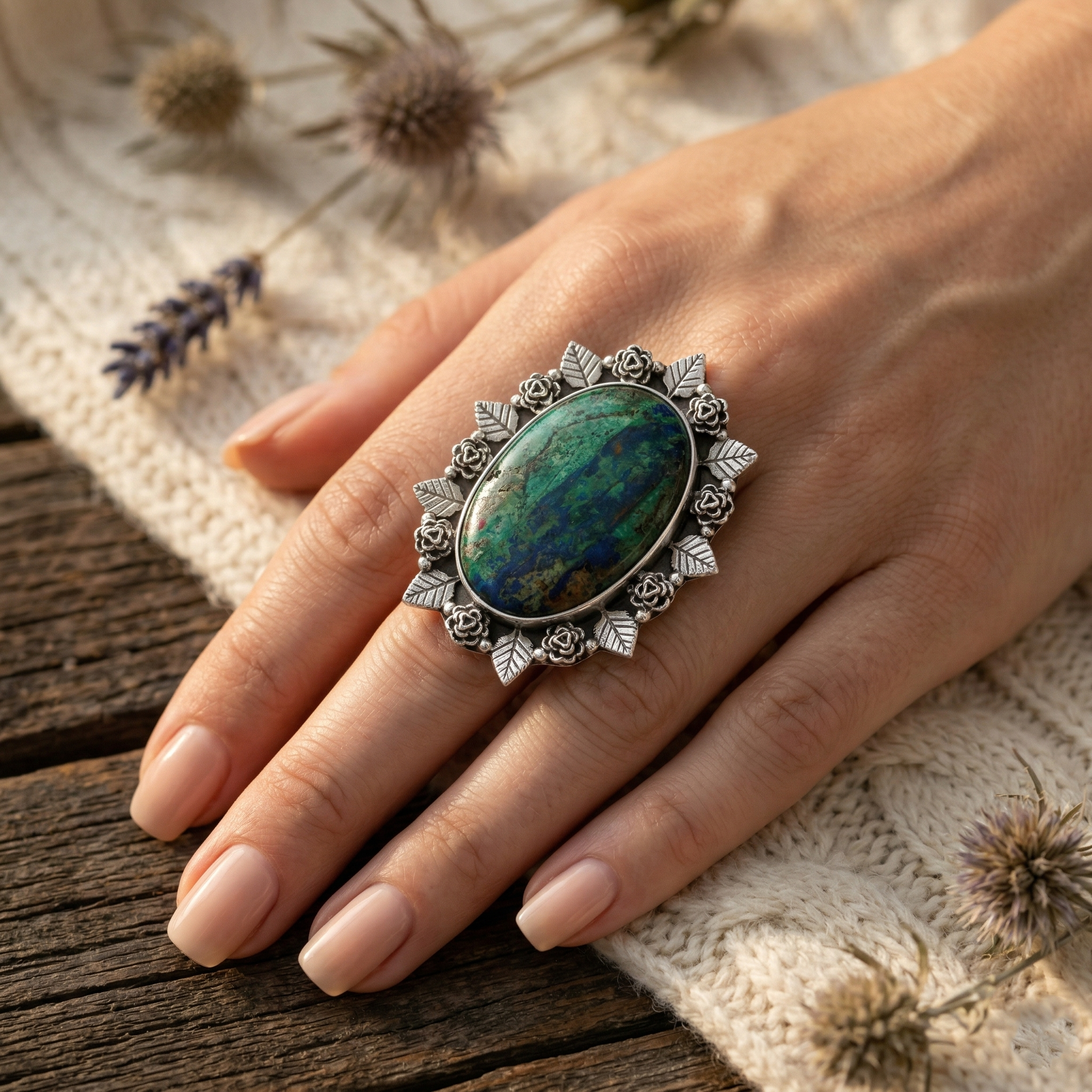 Verdant Bloom Azurite Malachite Statement Ring – 925 Sterling Silver