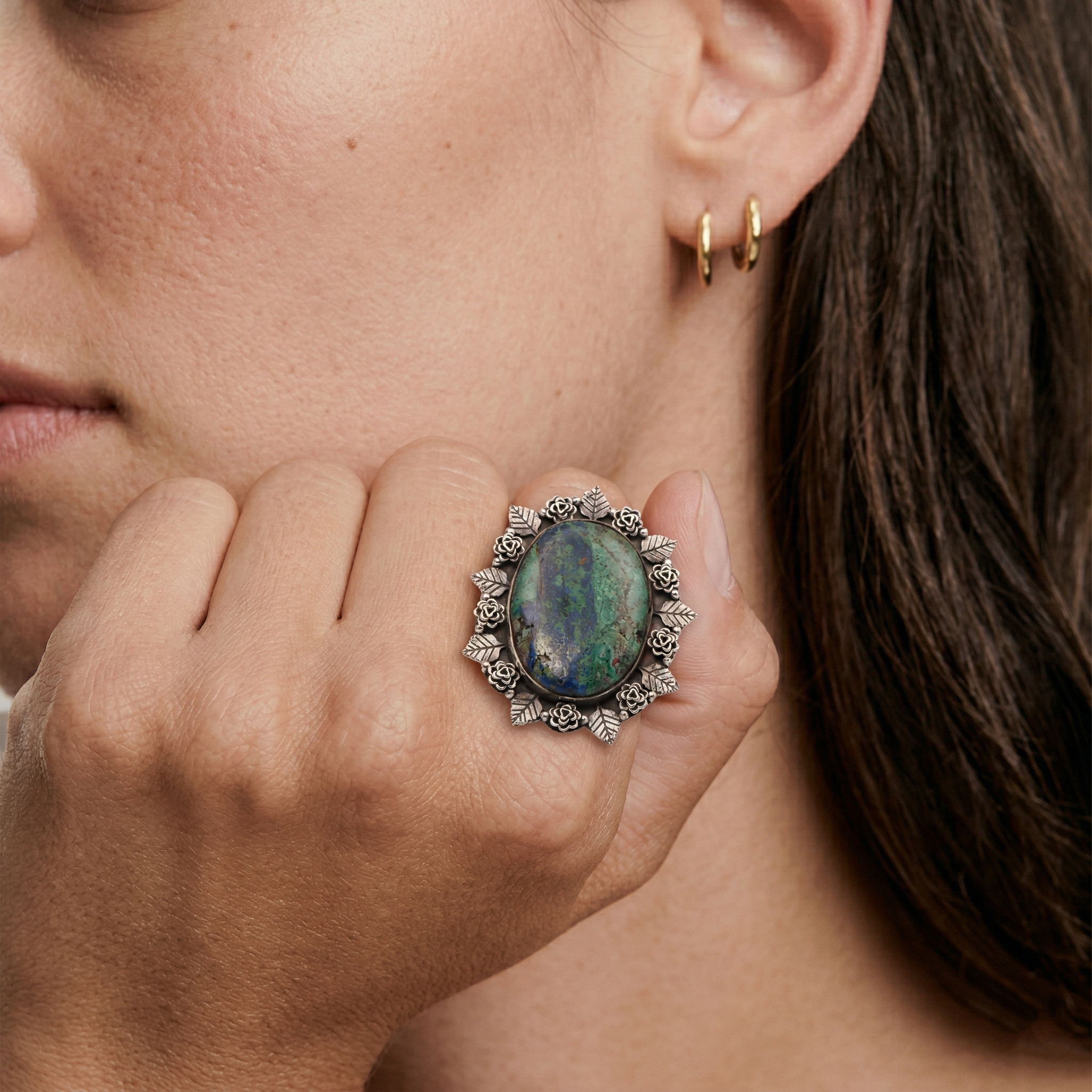 Verdant Bloom Azurite Malachite Statement Ring – 925 Sterling Silver