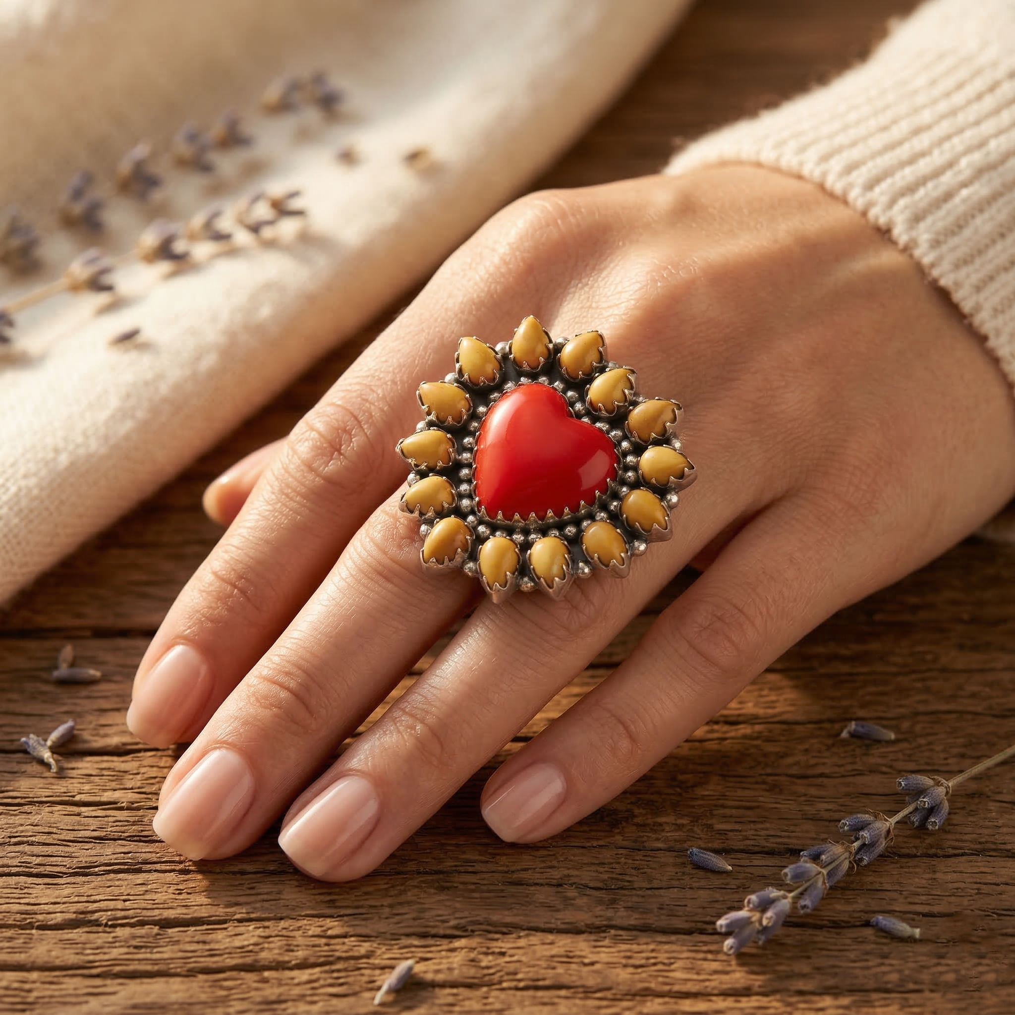 Flame Heart Red Coral & Spiny Oyster Statement Ring – 925 Sterling Silver