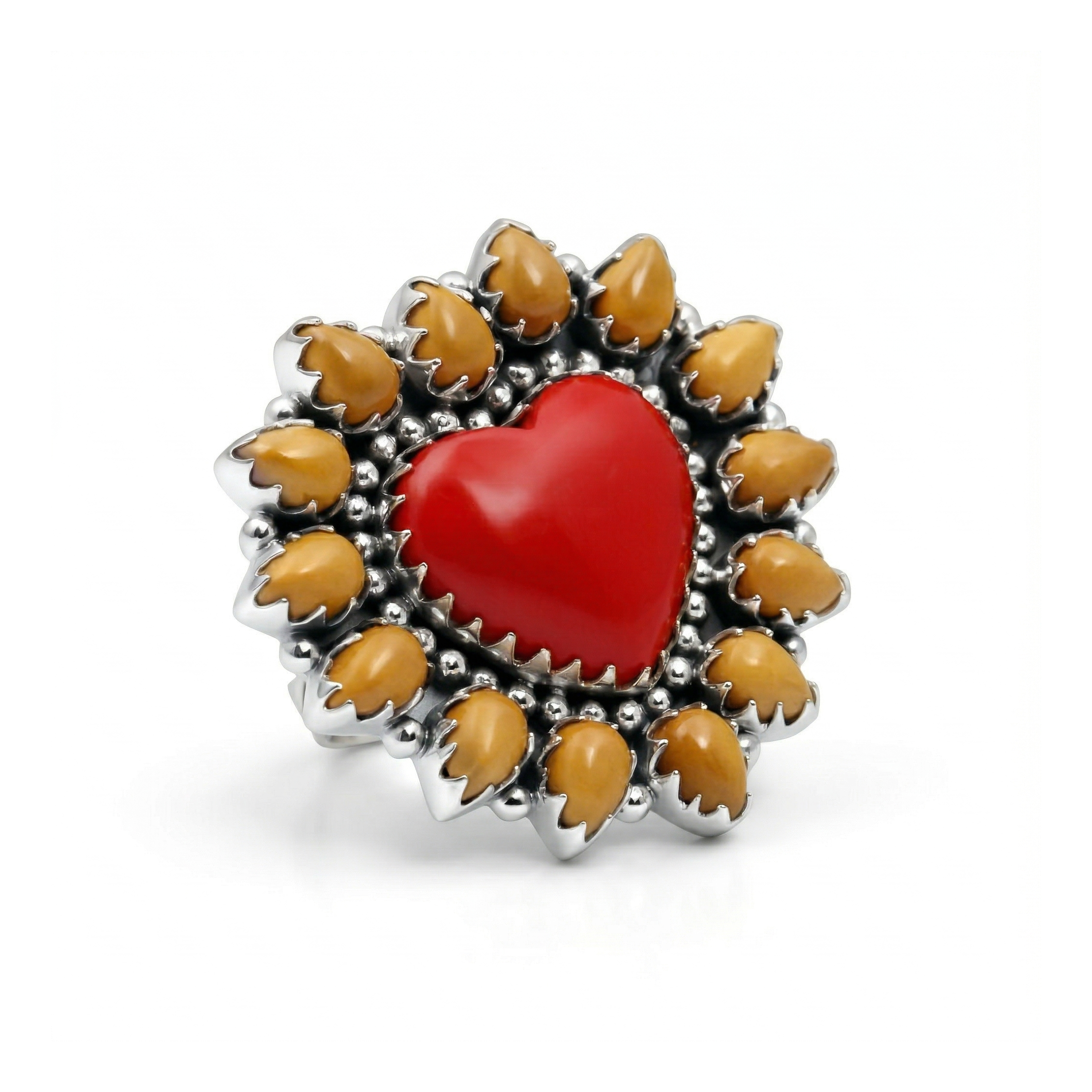 Flame Heart Red Coral & Spiny Oyster Statement Ring – 925 Sterling Silver