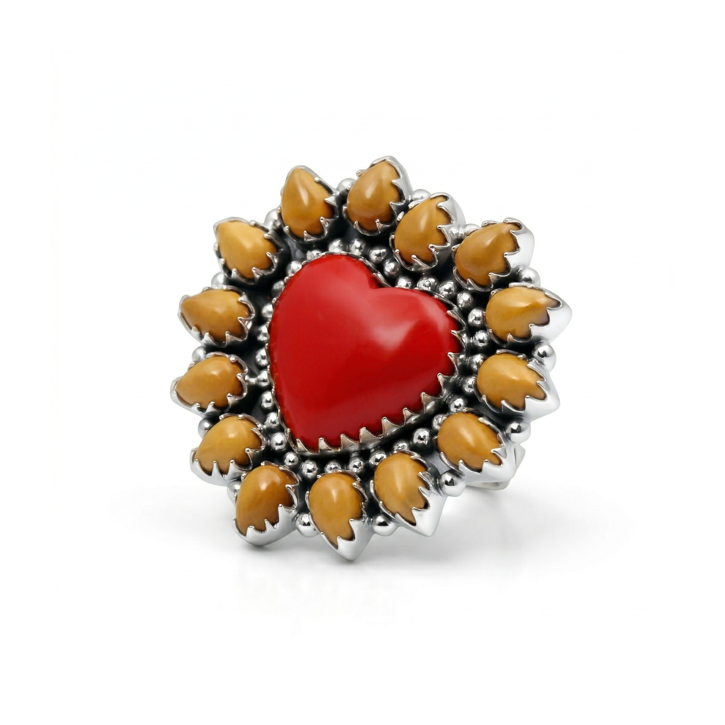 Flame Heart Red Coral & Spiny Oyster Statement Ring – 925 Sterling Silver