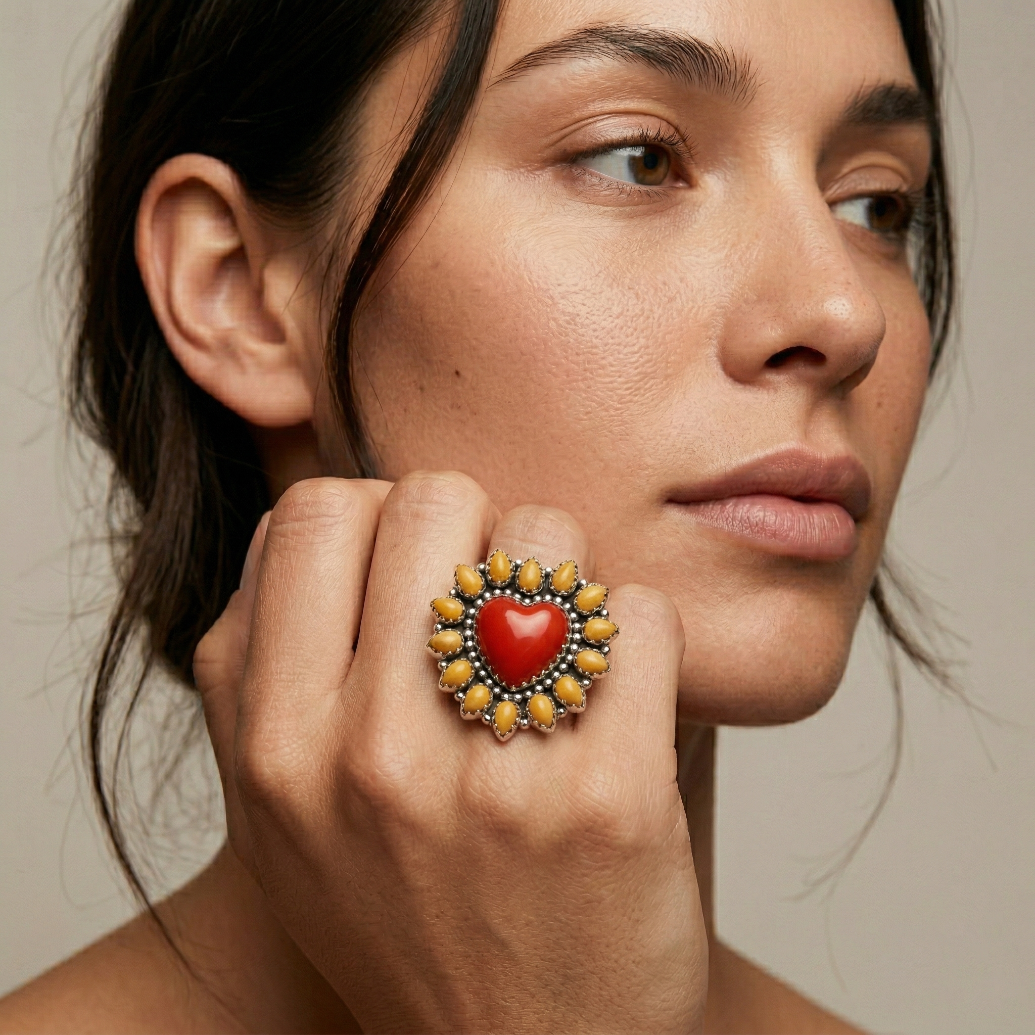 Flame Heart Red Coral & Spiny Oyster Statement Ring – 925 Sterling Silver