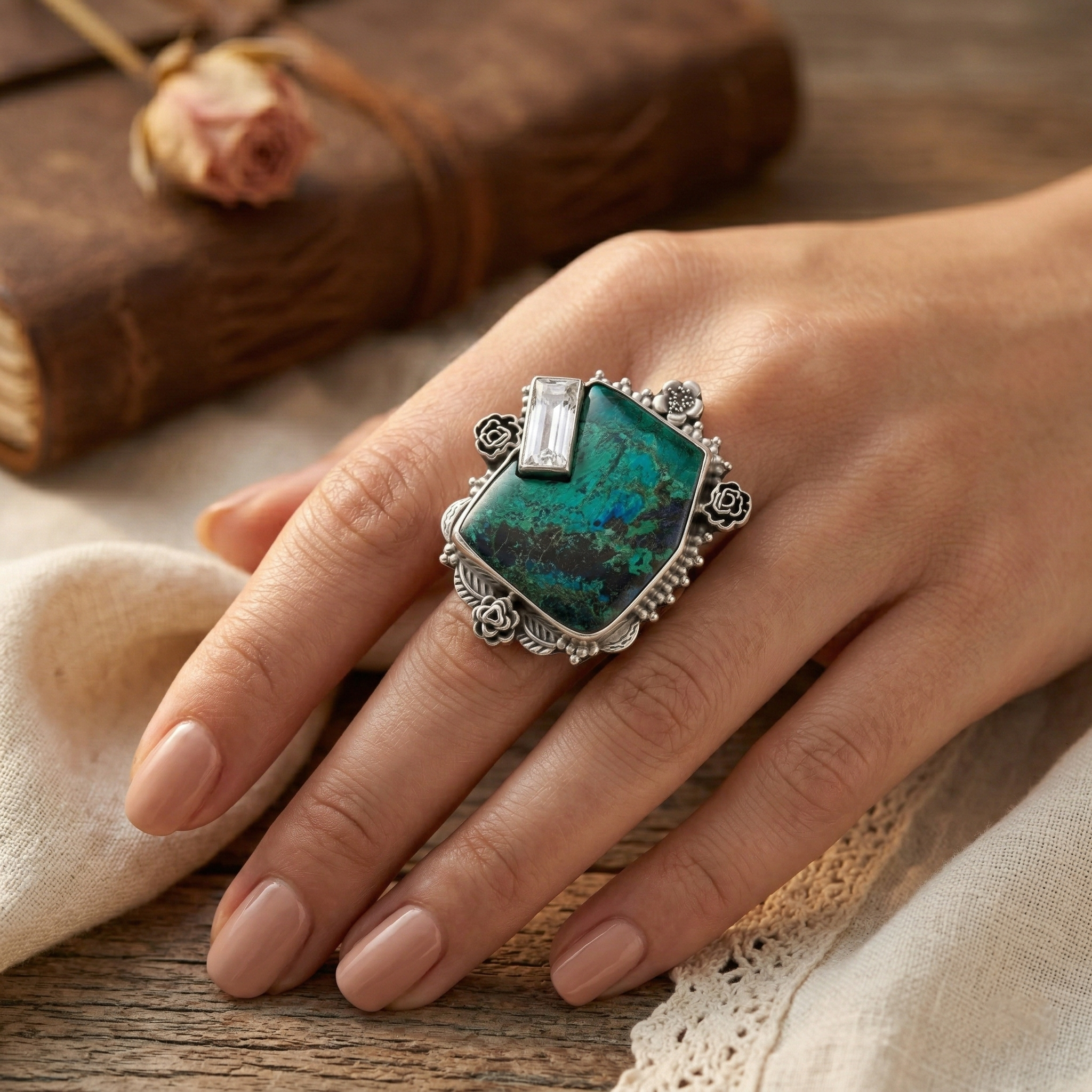 Ocean Prism Chrysocolla Statement Ring – 925 Sterling Silver