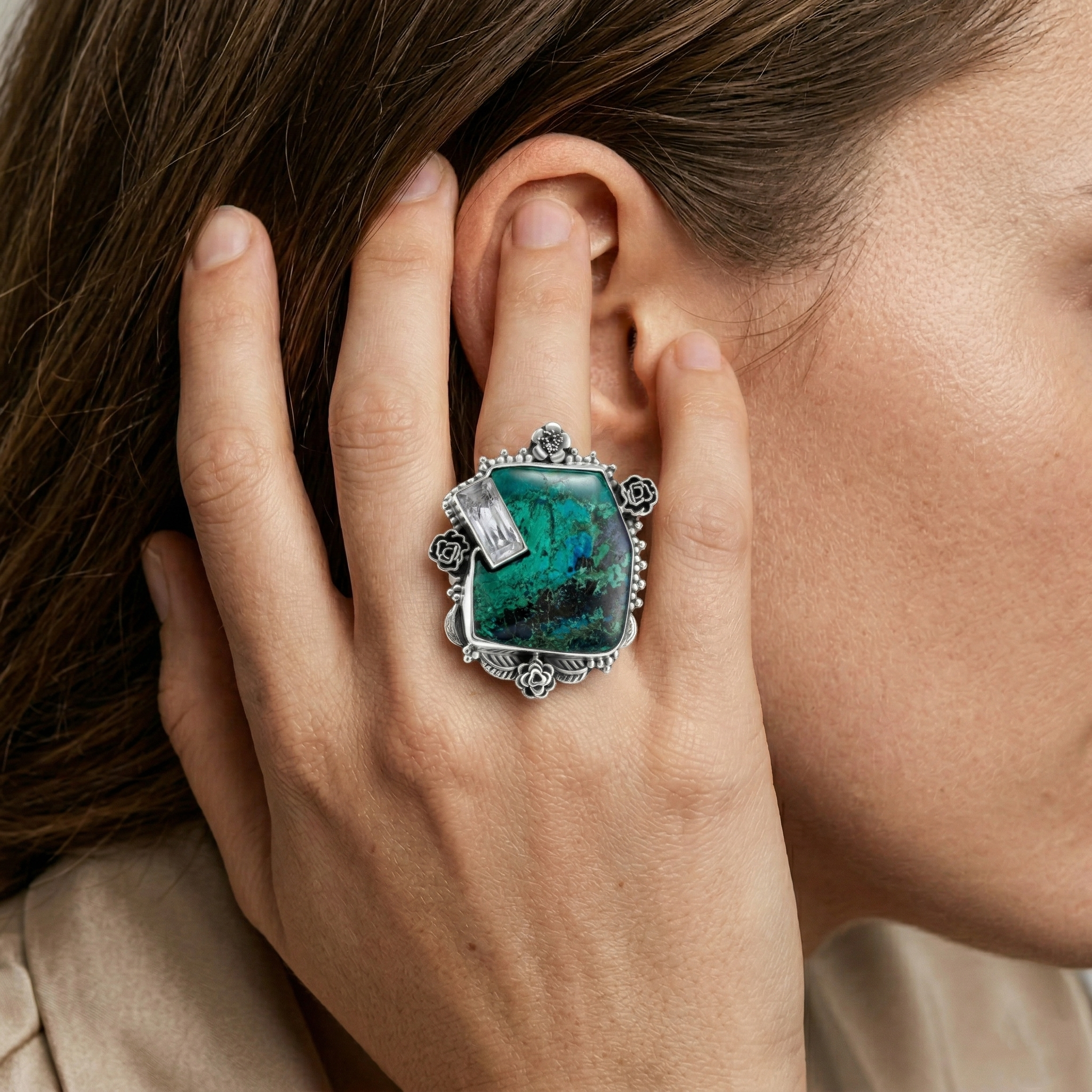 Ocean Prism Chrysocolla Statement Ring – 925 Sterling Silver