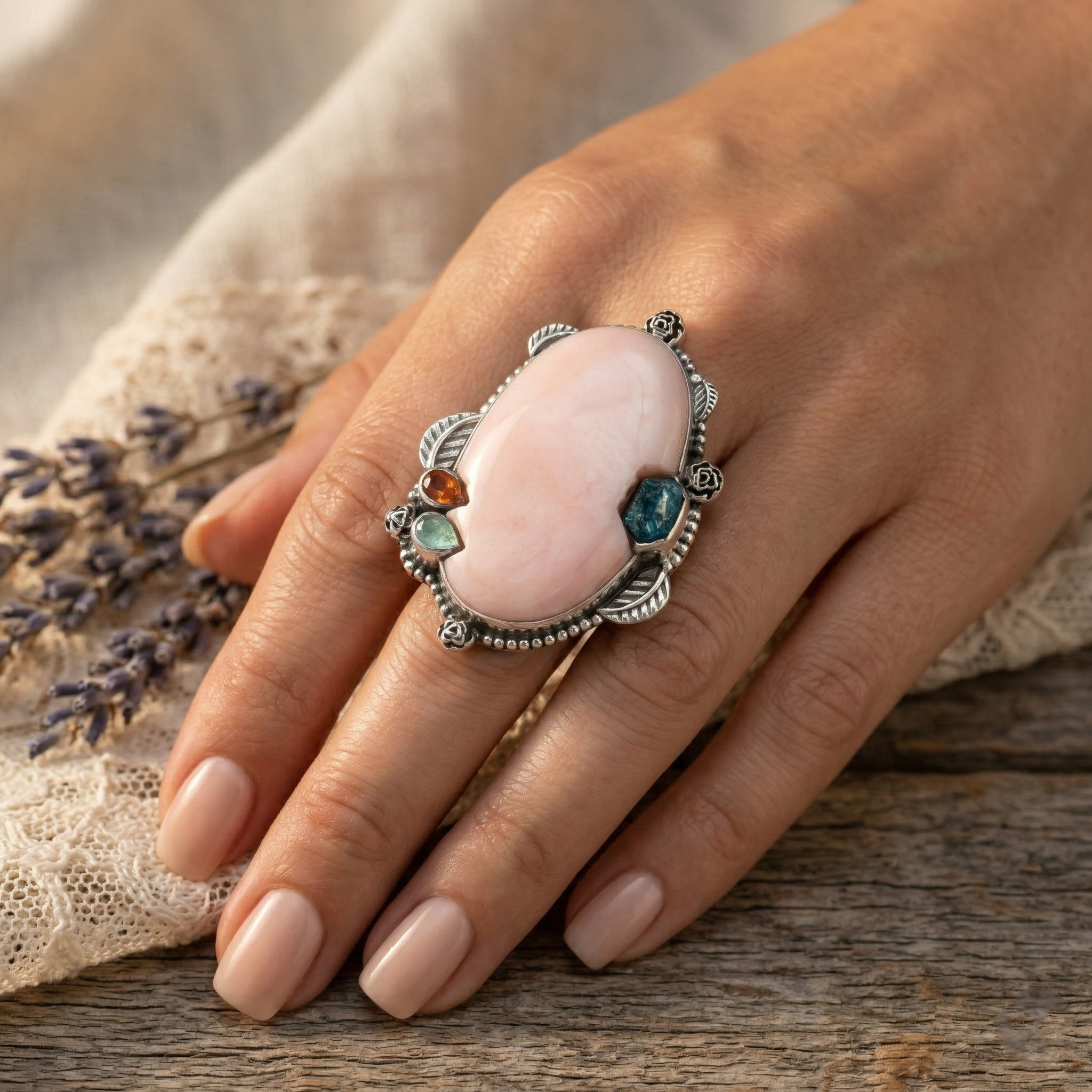 Blush Aura Pink Opal Multi-Stone Statement Ring – 925 Sterling Silver