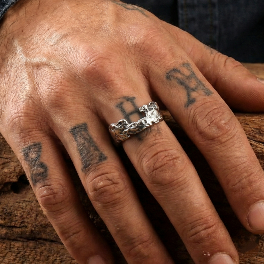 925 Sterling Silver Oxidized Skull Ring | Gothic Textured Open Statement Band