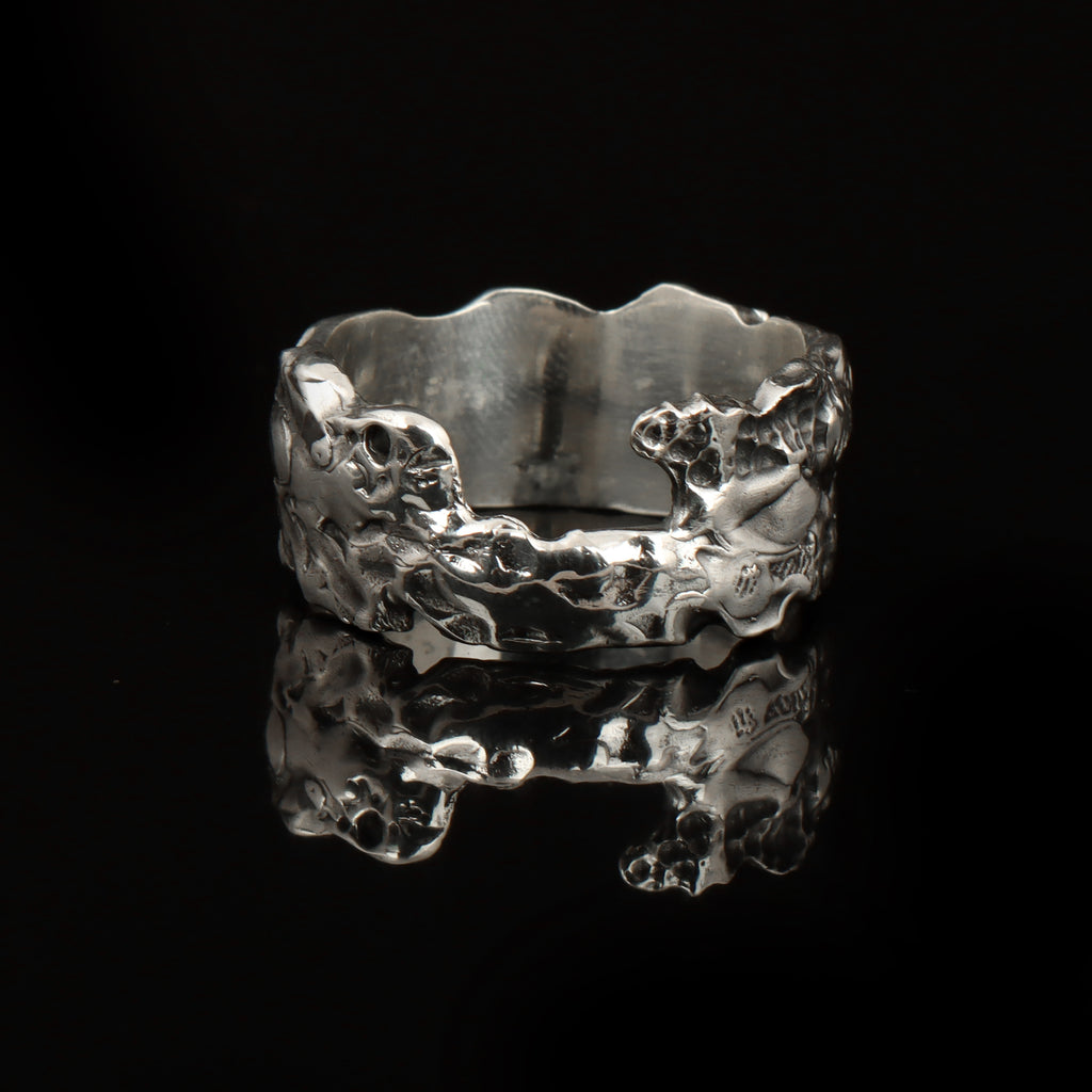 925 Sterling Silver Oxidized Skull Ring | Gothic Textured Open Statement Band