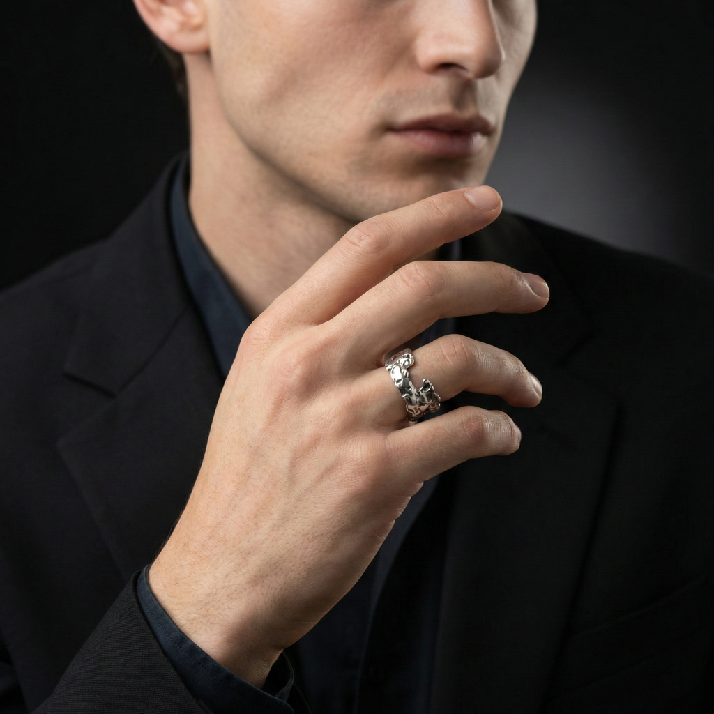 925 Sterling Silver Oxidized Skull Ring | Gothic Textured Open Statement Band