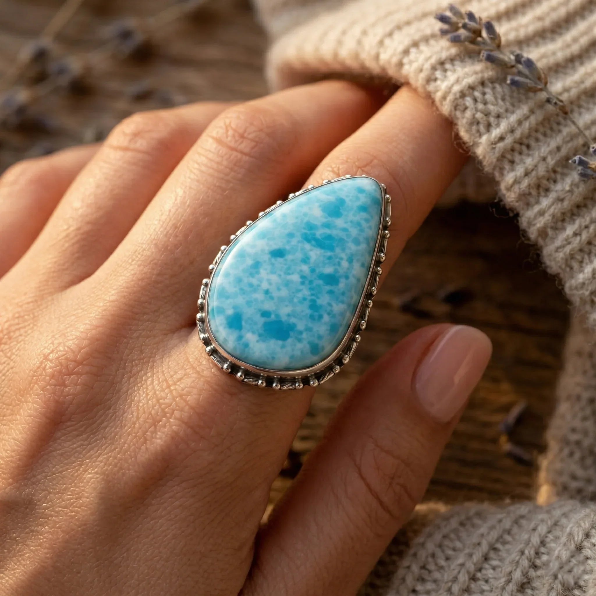 Ocean Glow Larimar Statement Ring – 925 Sterling Silver