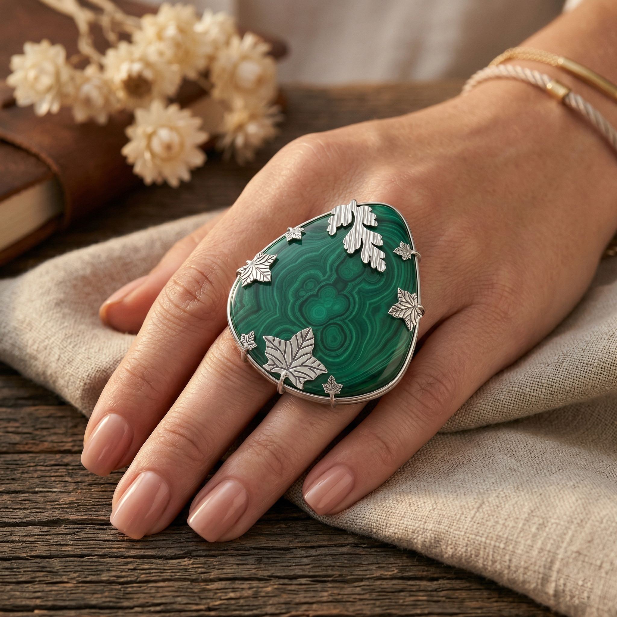 Forest Charm Malachite Statement Ring – 925 Sterling Silver
