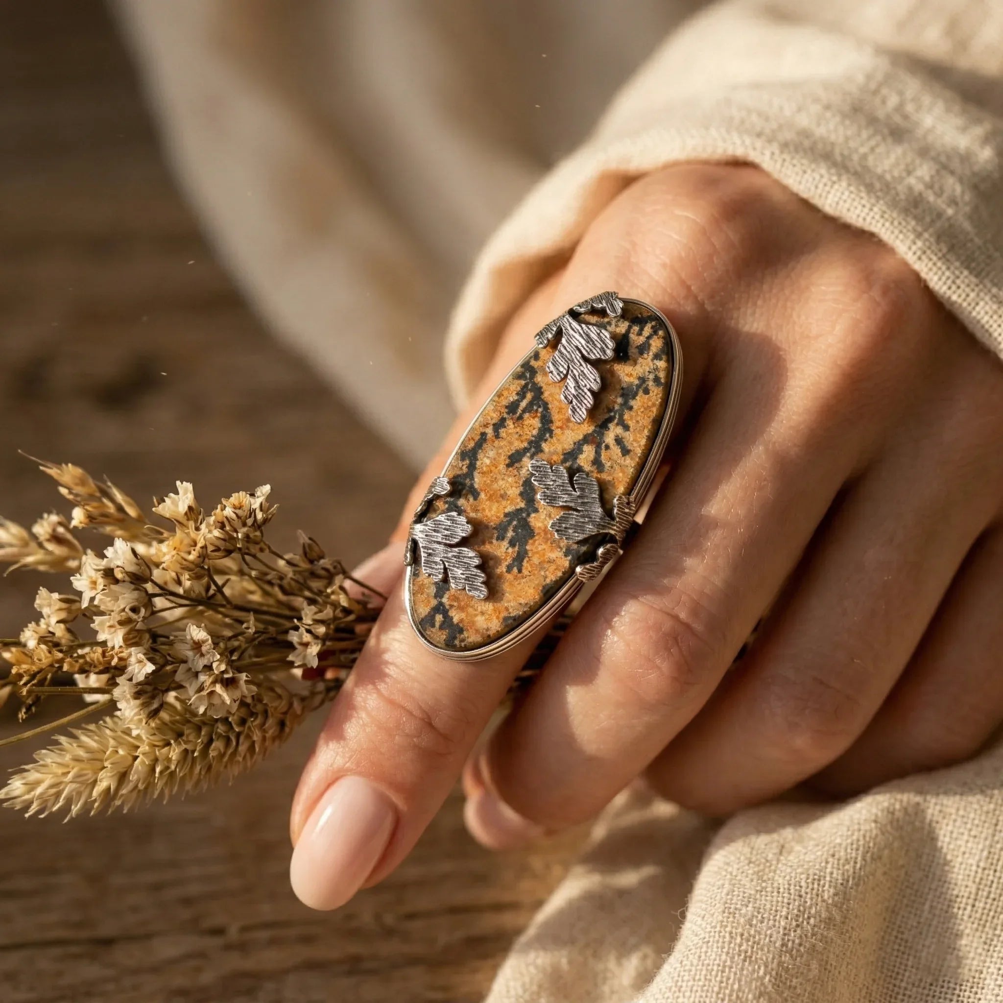 Earth Vein Peanut Wood Jasper Statement Ring – 925 Sterling Silver
