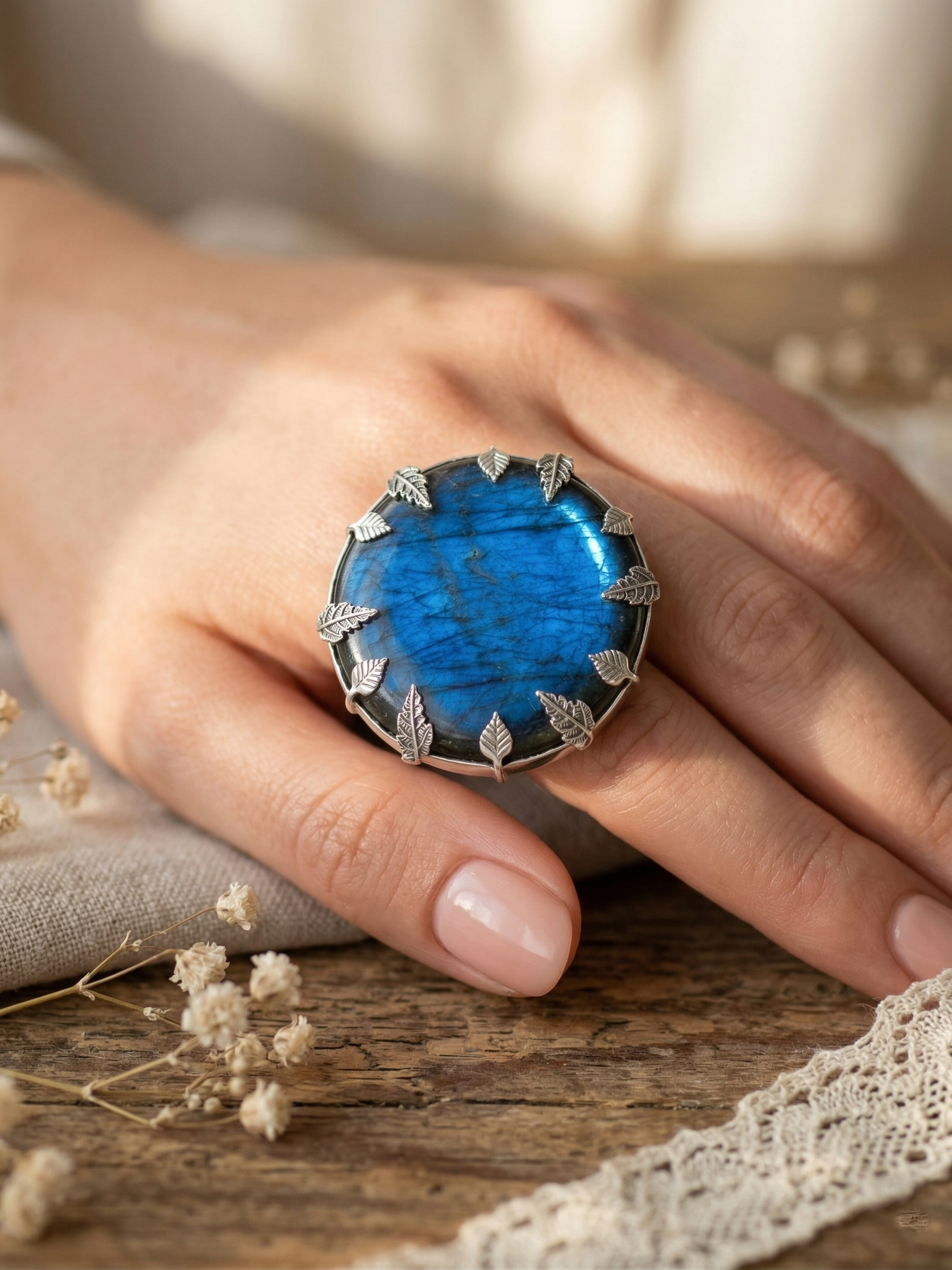 Midnight Glow Labradorite Statement Ring – 925 Sterling Silver