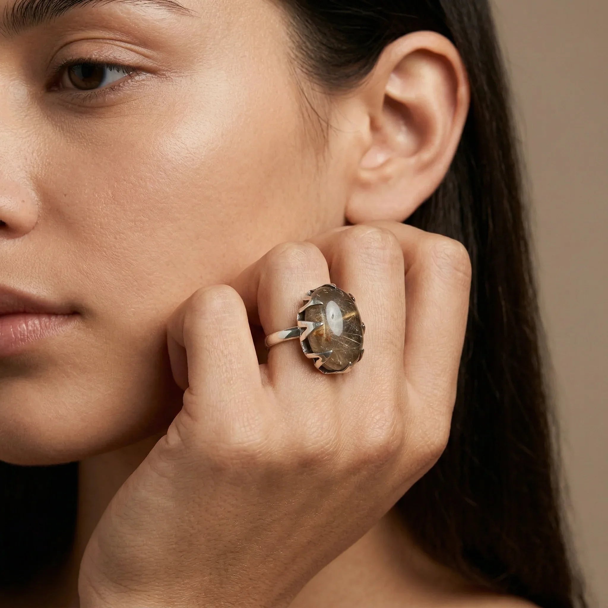 Solar Vein Golden Rutilated Quartz Statement Ring – 925 Sterling Silver