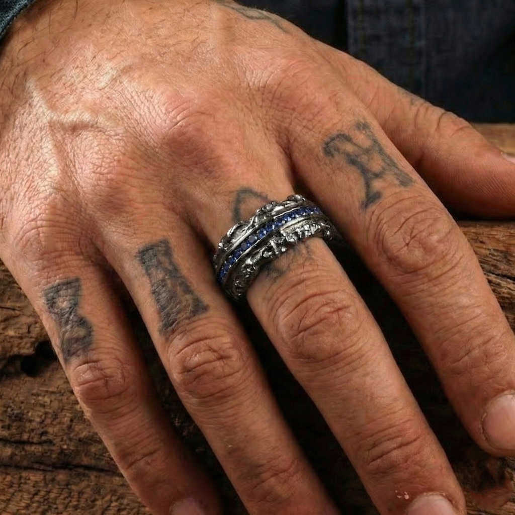 Celestial Ridge Blue Sapphire Ring – Black Rhodium 925 Sterling Silver