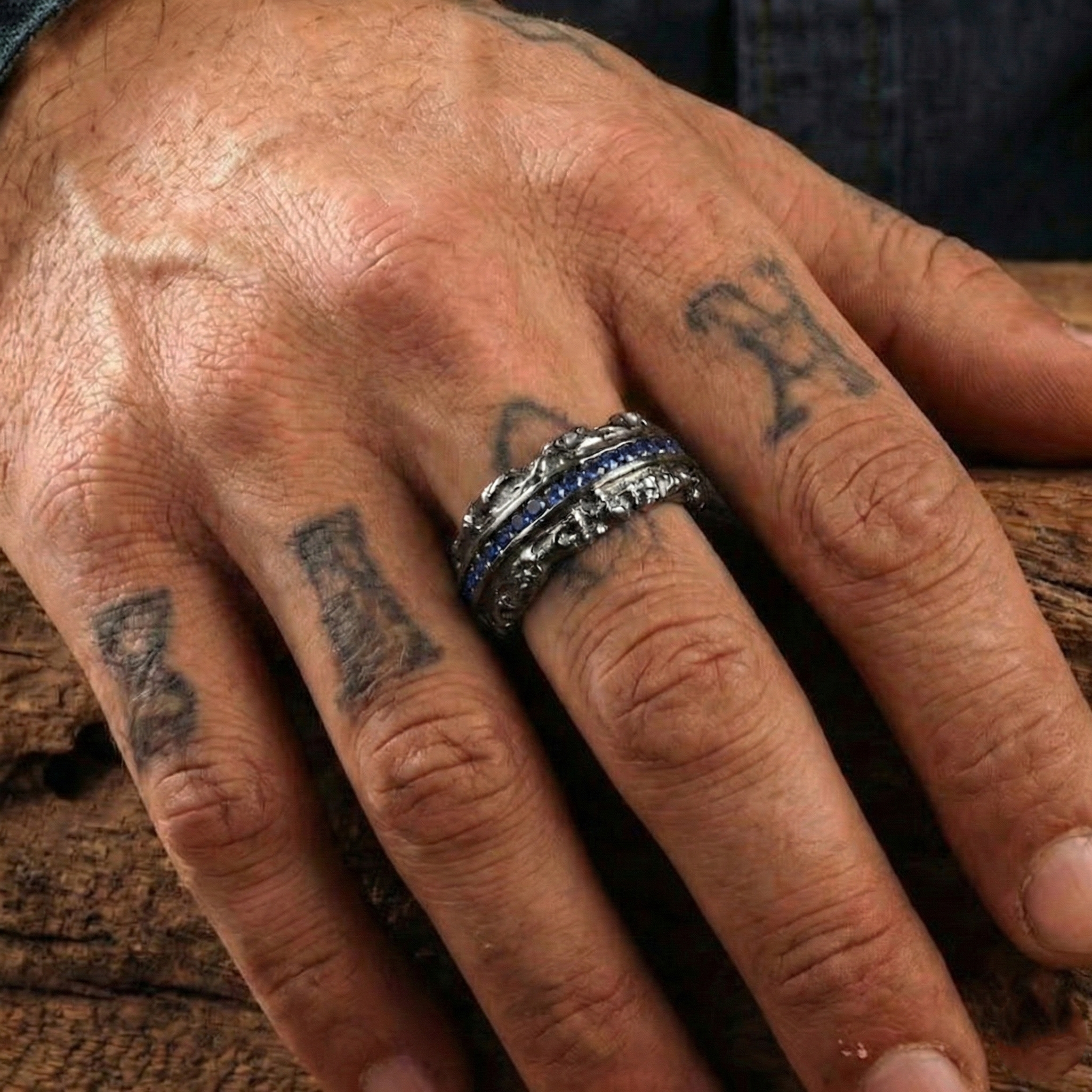 Celestial Ridge Blue Sapphire Ring – Black Rhodium 925 Sterling Silver