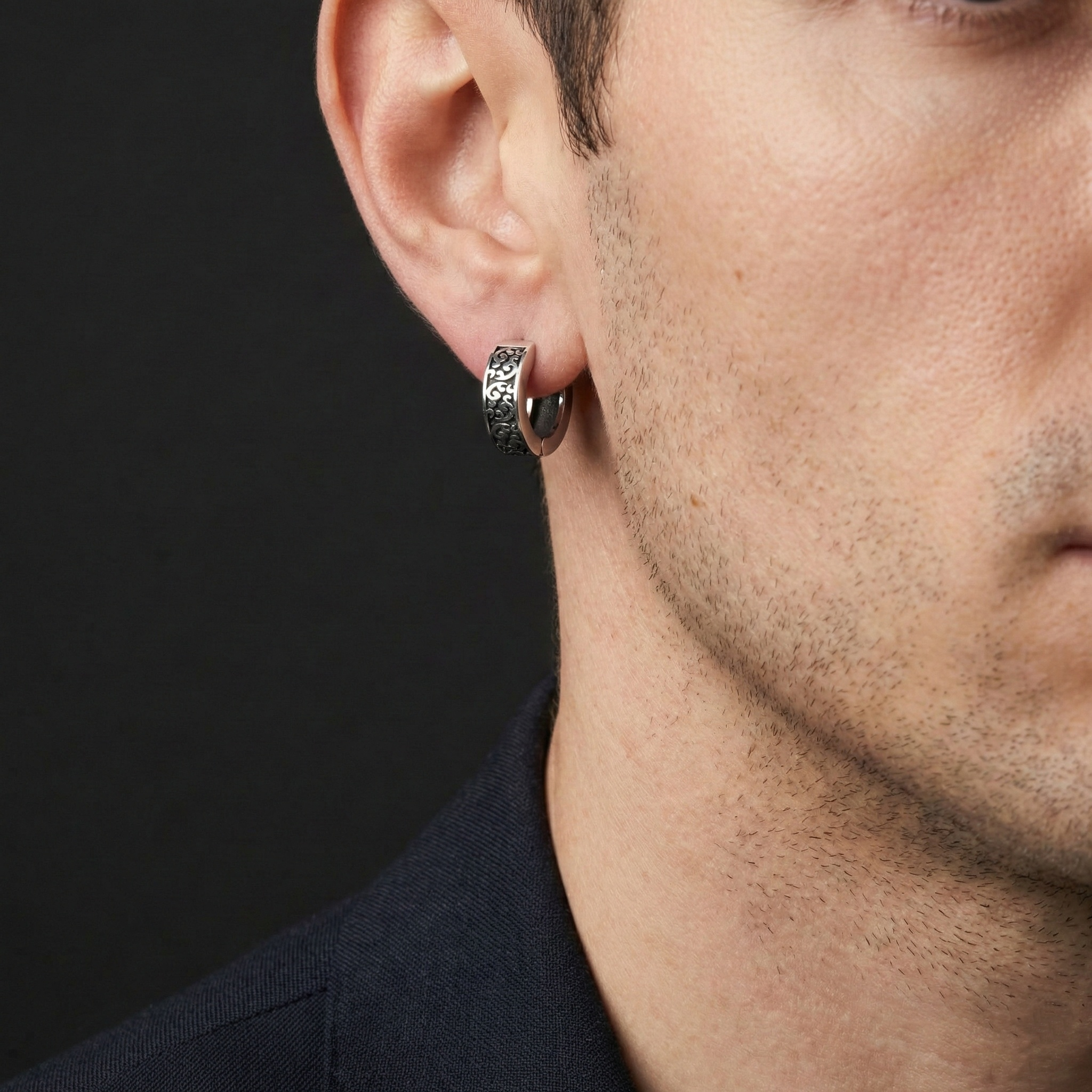 Men’s Vintage Scroll Huggie Hoop Earrings – Oxidized 925 Sterling Silver