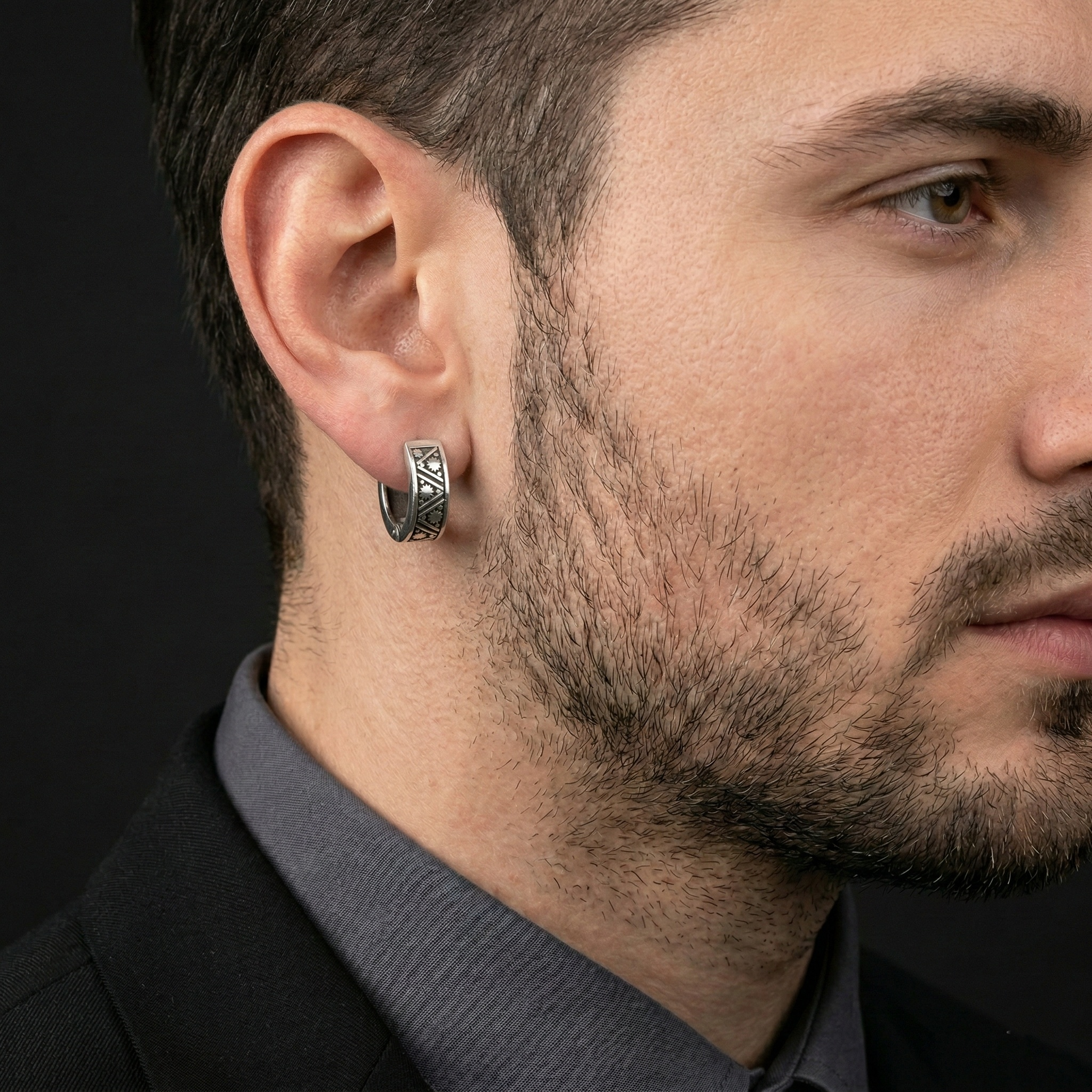 Men’s Tribal Star Huggie Hoop Earrings – Oxidized 925 Sterling Silver