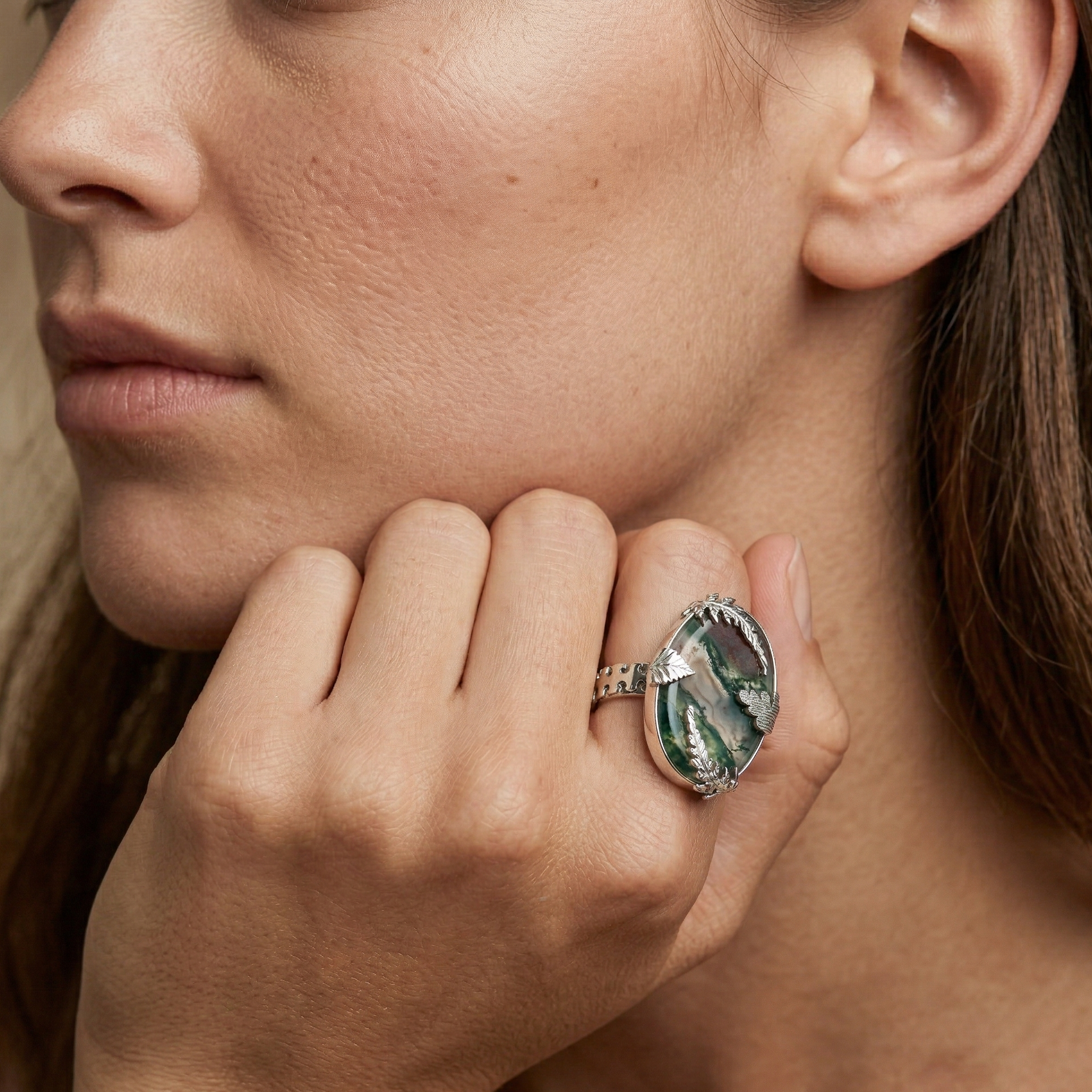 Forest Vein Moss Agate Statement Ring – 925 Sterling Silver