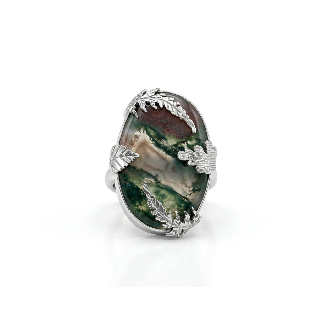 Forest Vein Moss Agate Statement Ring – 925 Sterling Silver