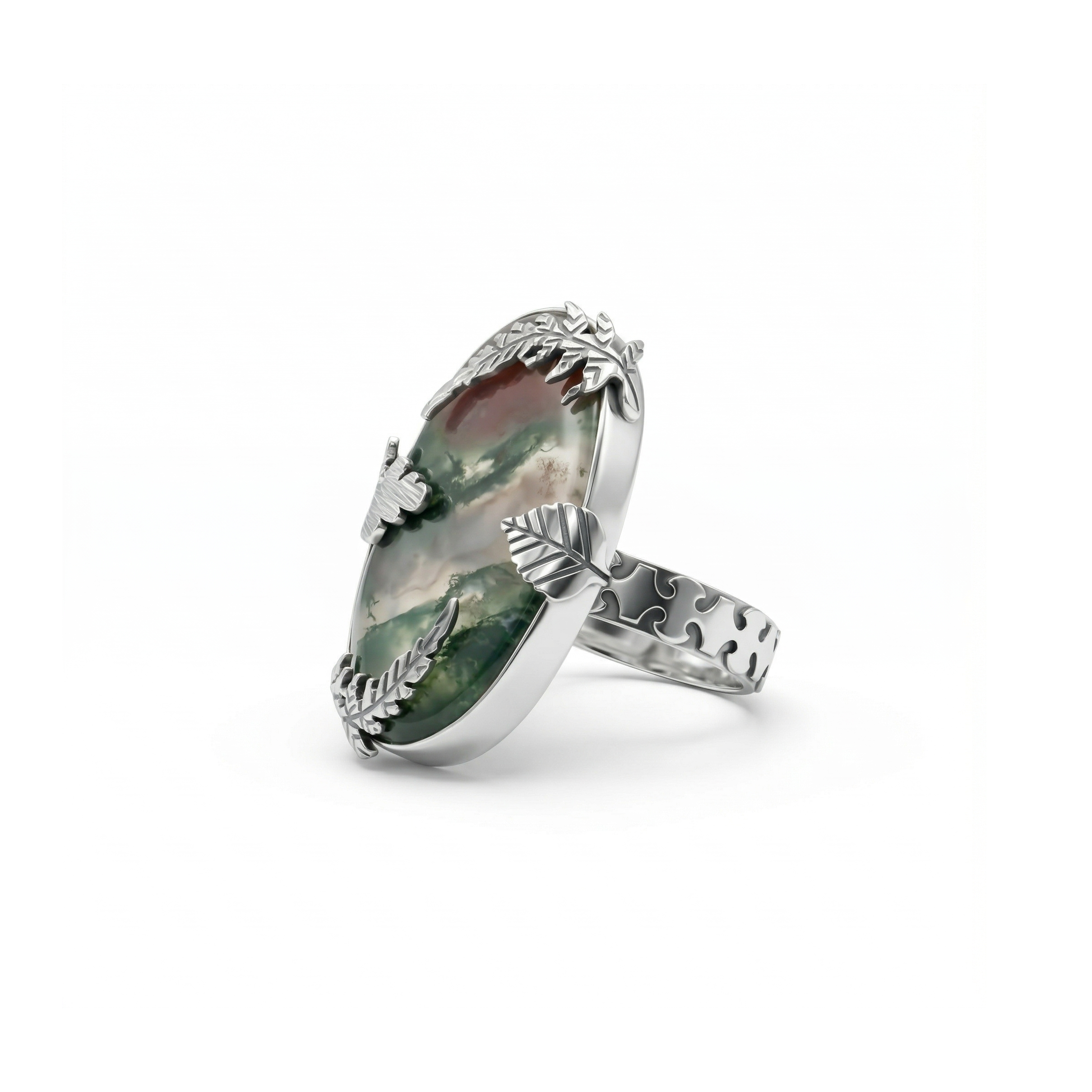 Forest Vein Moss Agate Statement Ring – 925 Sterling Silver