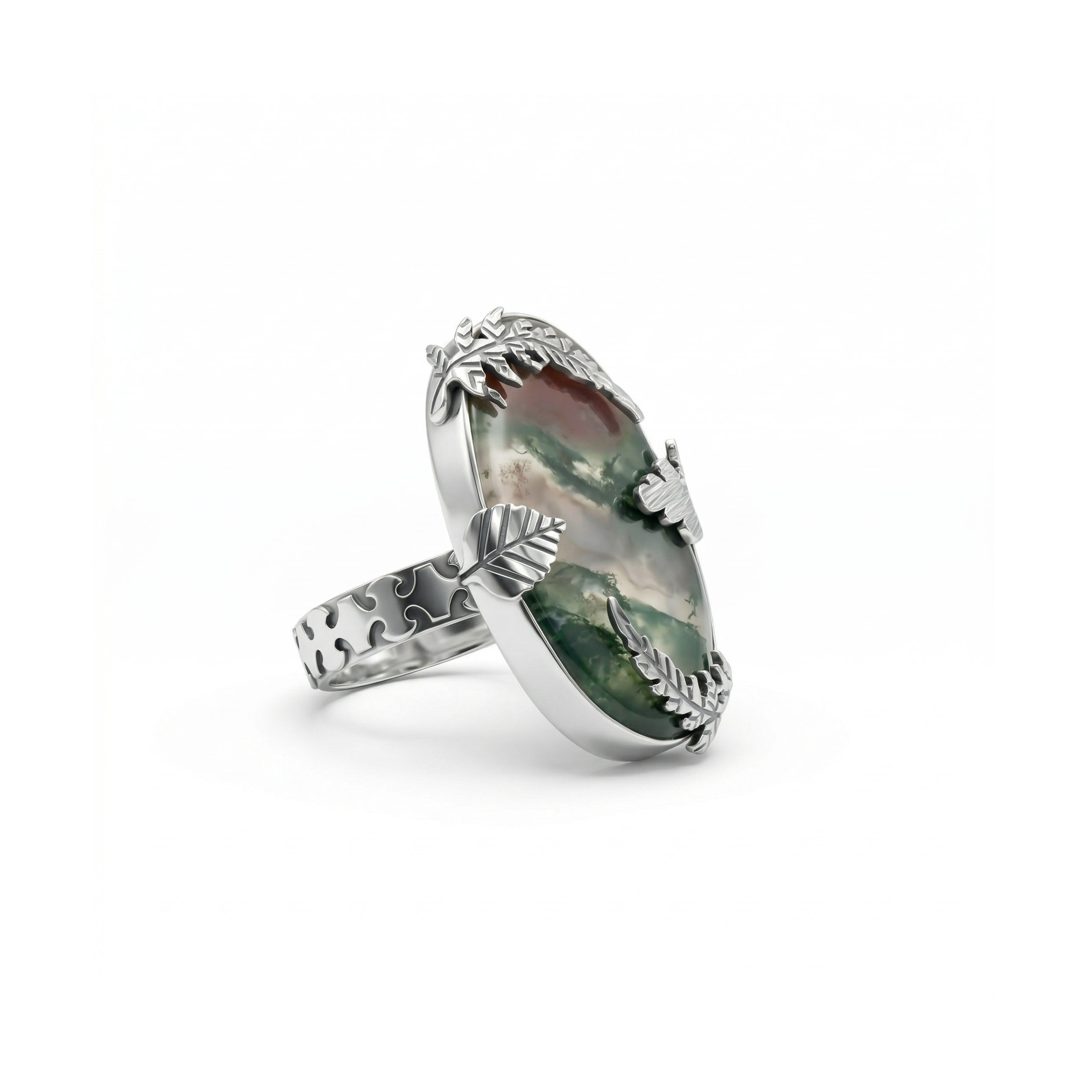 Forest Vein Moss Agate Statement Ring – 925 Sterling Silver